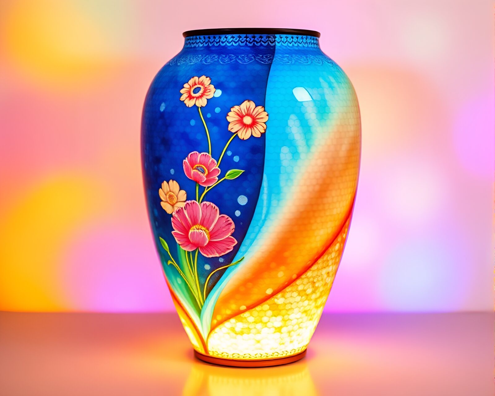 Futuristic LED grid design meets traditional vase art