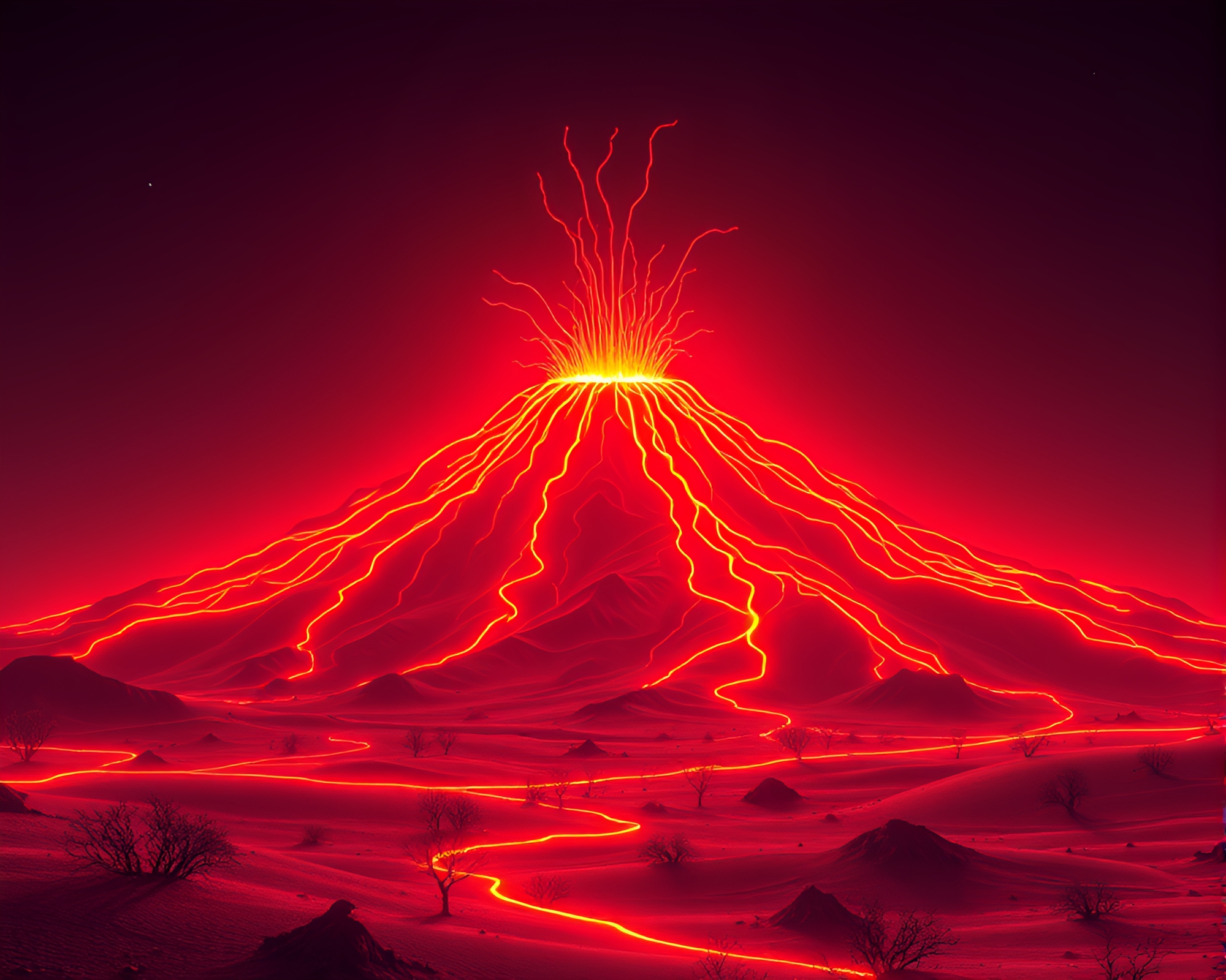 Neon Wireframe Desert Mirage with Volcanic Glow – free AI stock image