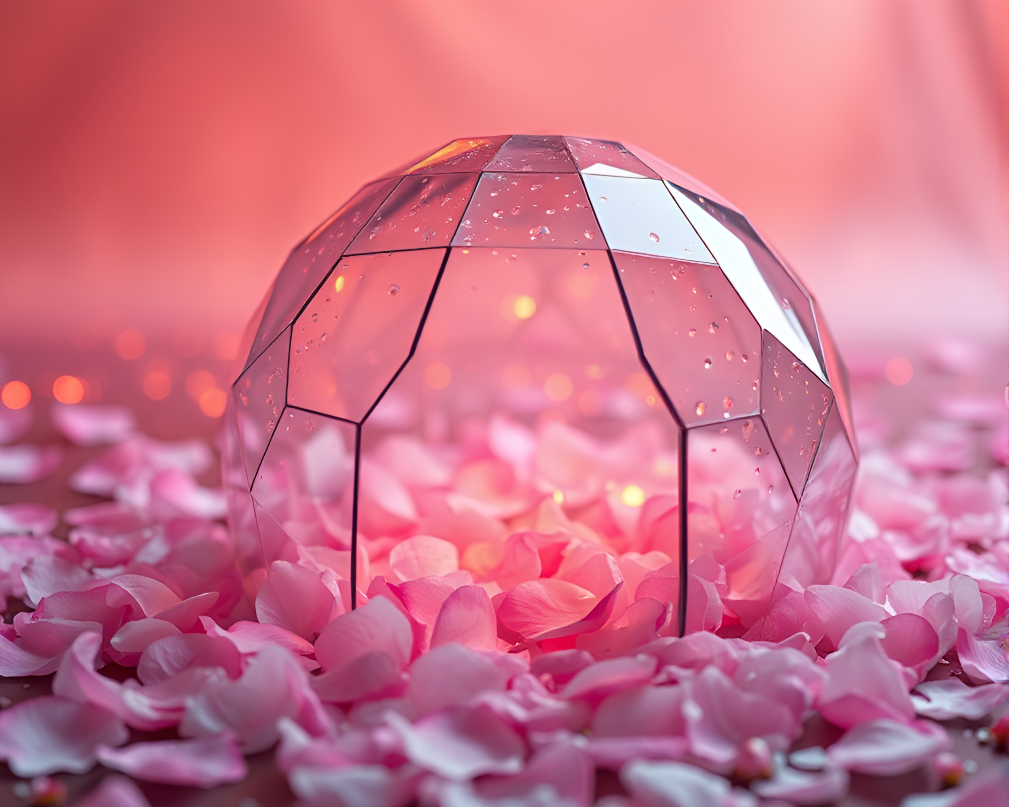 Glowing copper glass igloo adorned with flower petals – free AI stock image