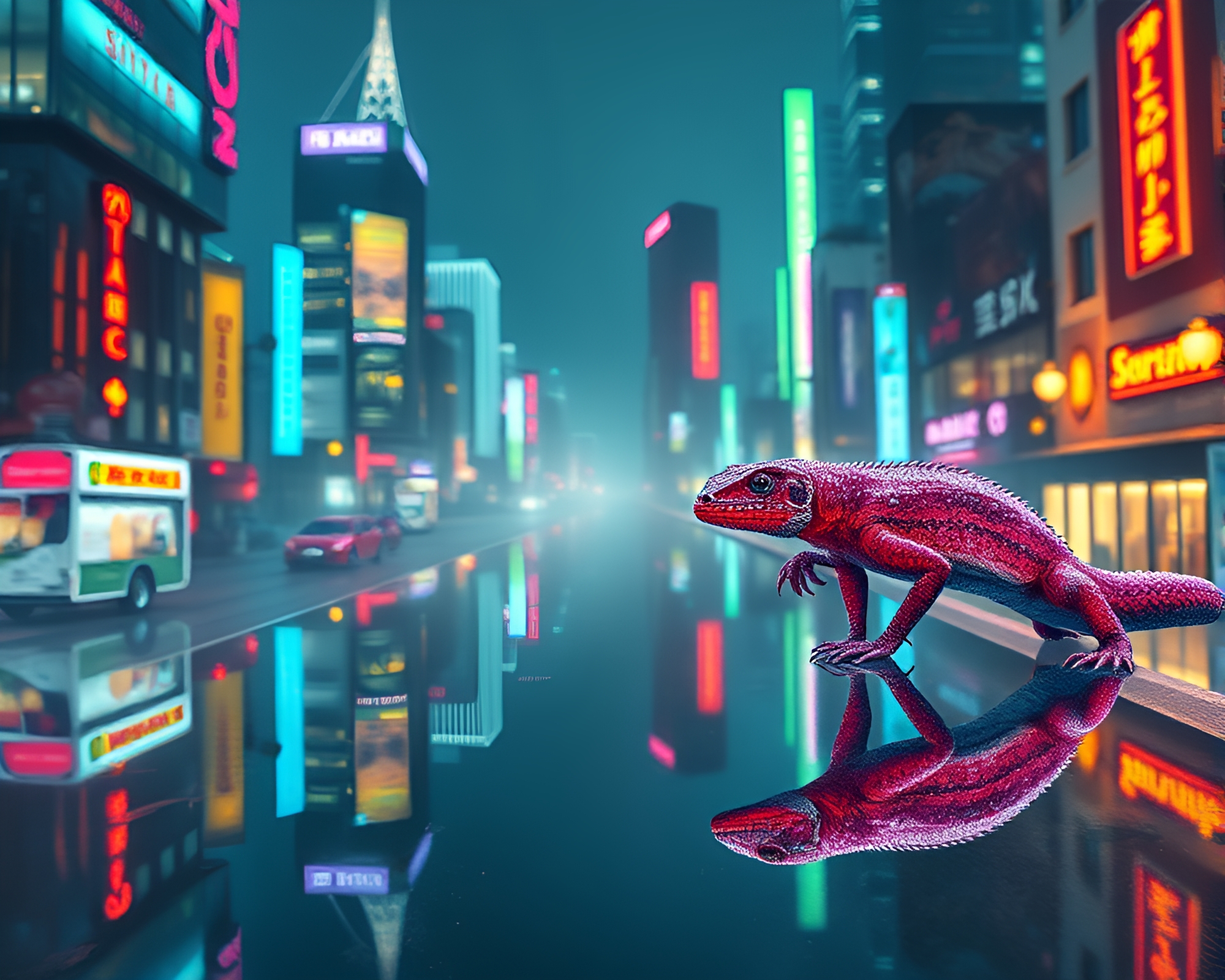 Basilisk Neon Reflections: Watercolor Wash – free AI stock image