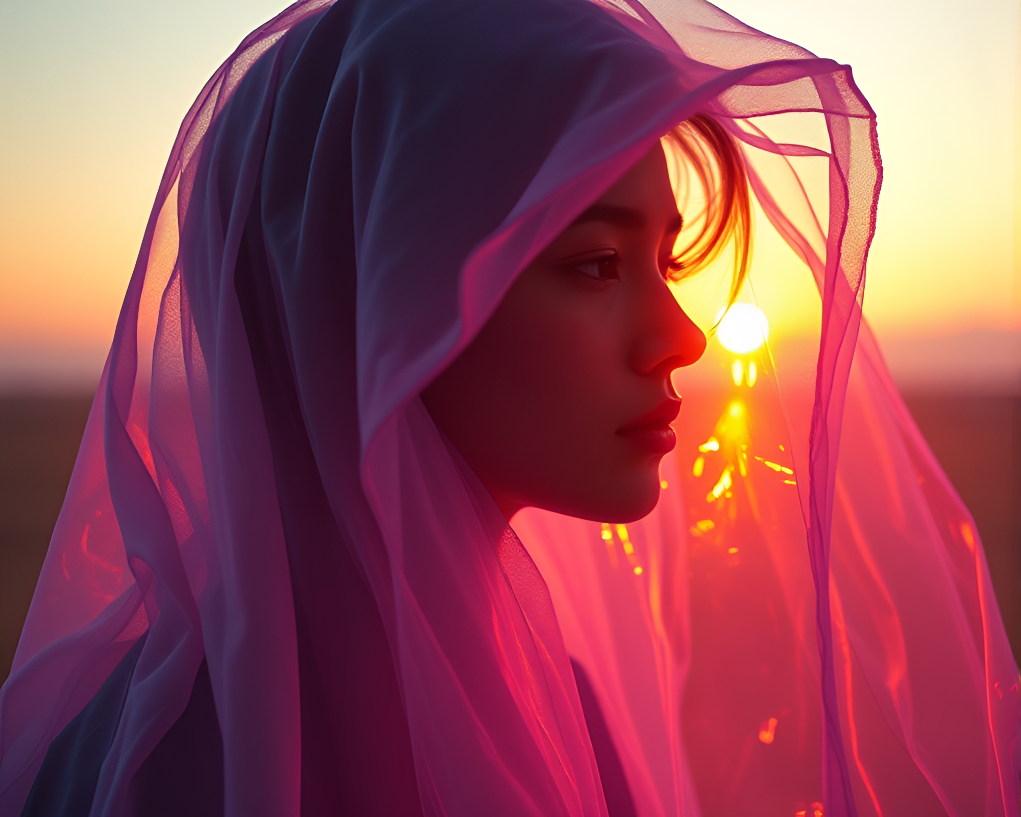 Vaporwave sunset with cloth simulation and crystal clarity – free AI stock image