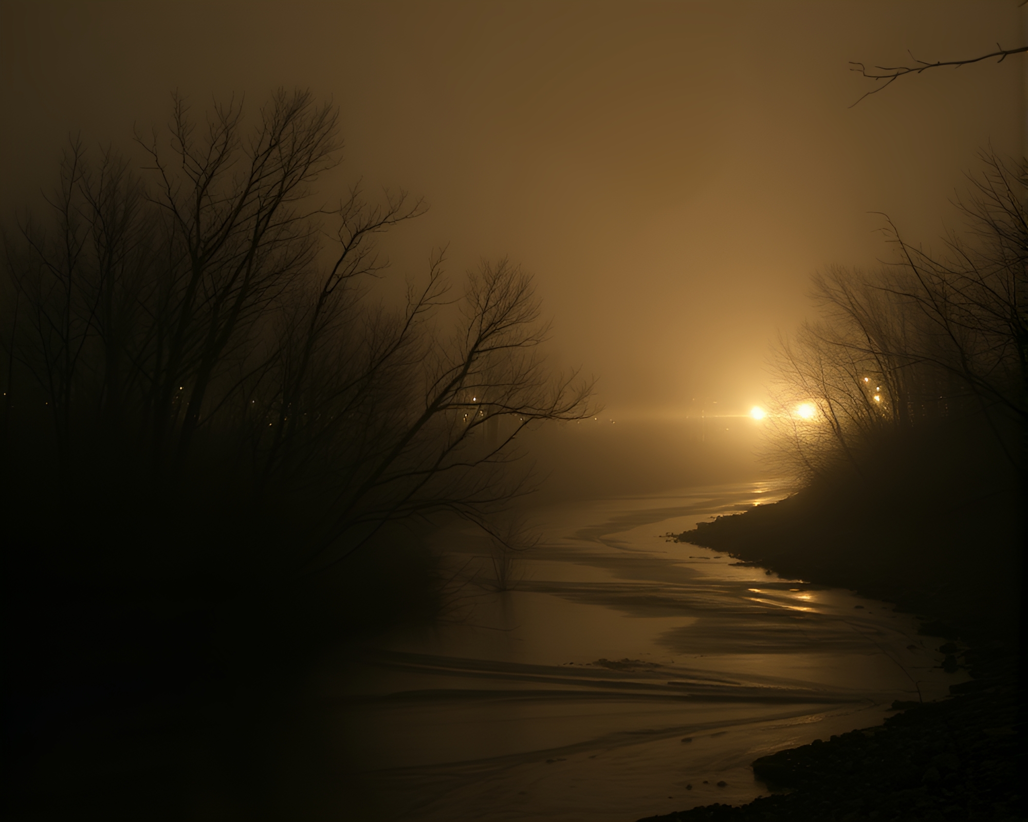 Savage River Necromantic Light Trails in Sepia Tone – free AI stock image