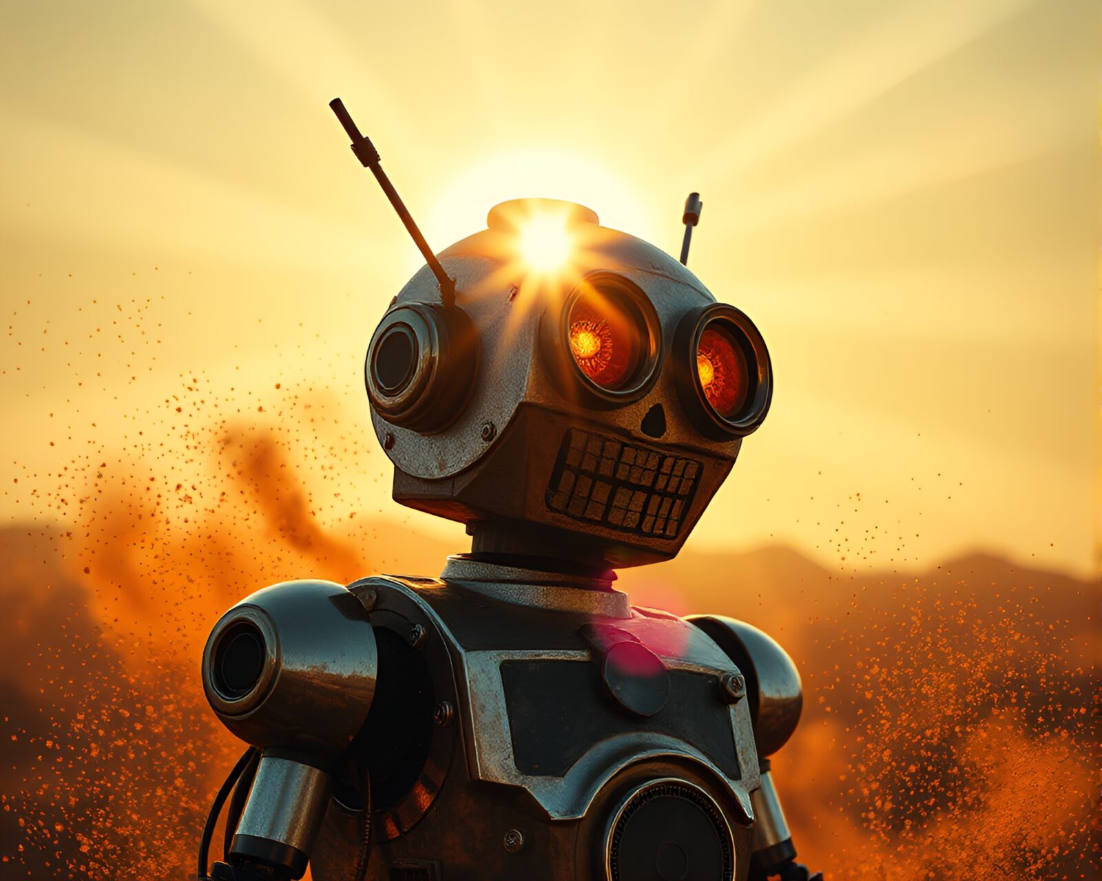 Steam-powered automaton surrounded by glowing dust particles and sunlight
