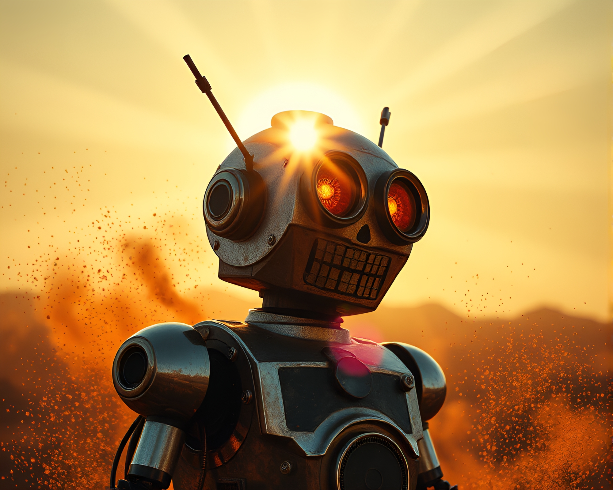 Steampunk Robot with Dust Particles in Sunbeam Rays – free AI stock image