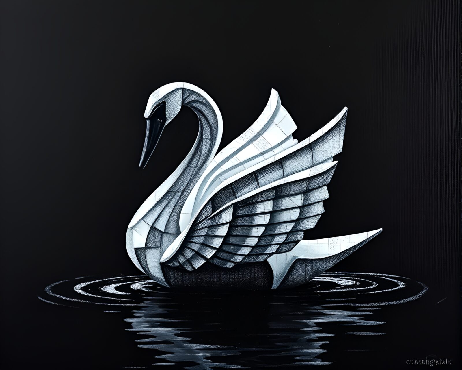 Majestic origami swan emerging from a textured monochromatic background