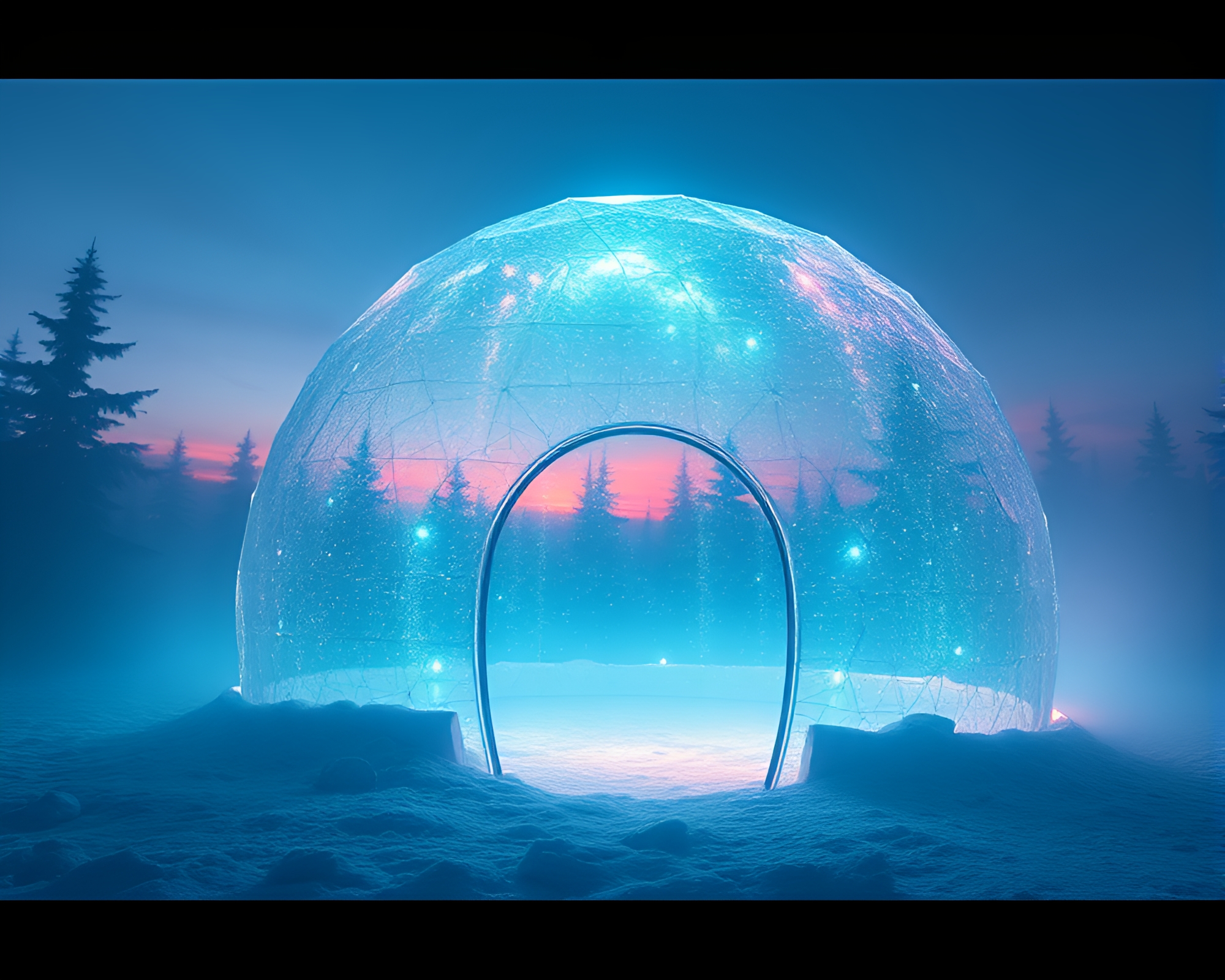 Digital Twilight Glass Igloo Stereoscopic 3D Composition – free AI stock image