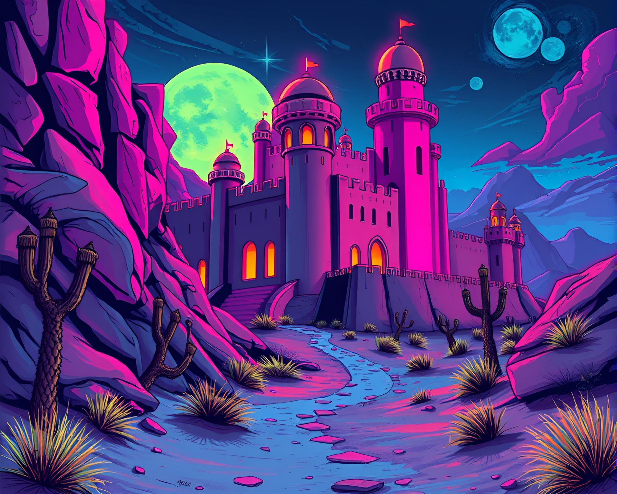 Vibrant Neon Street Art in Deserted Castle – free AI stock image