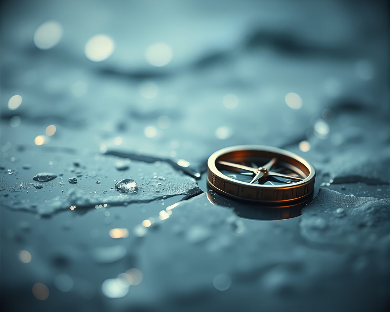 Ice reflecting antique compass surrounded by luminous bokeh lights