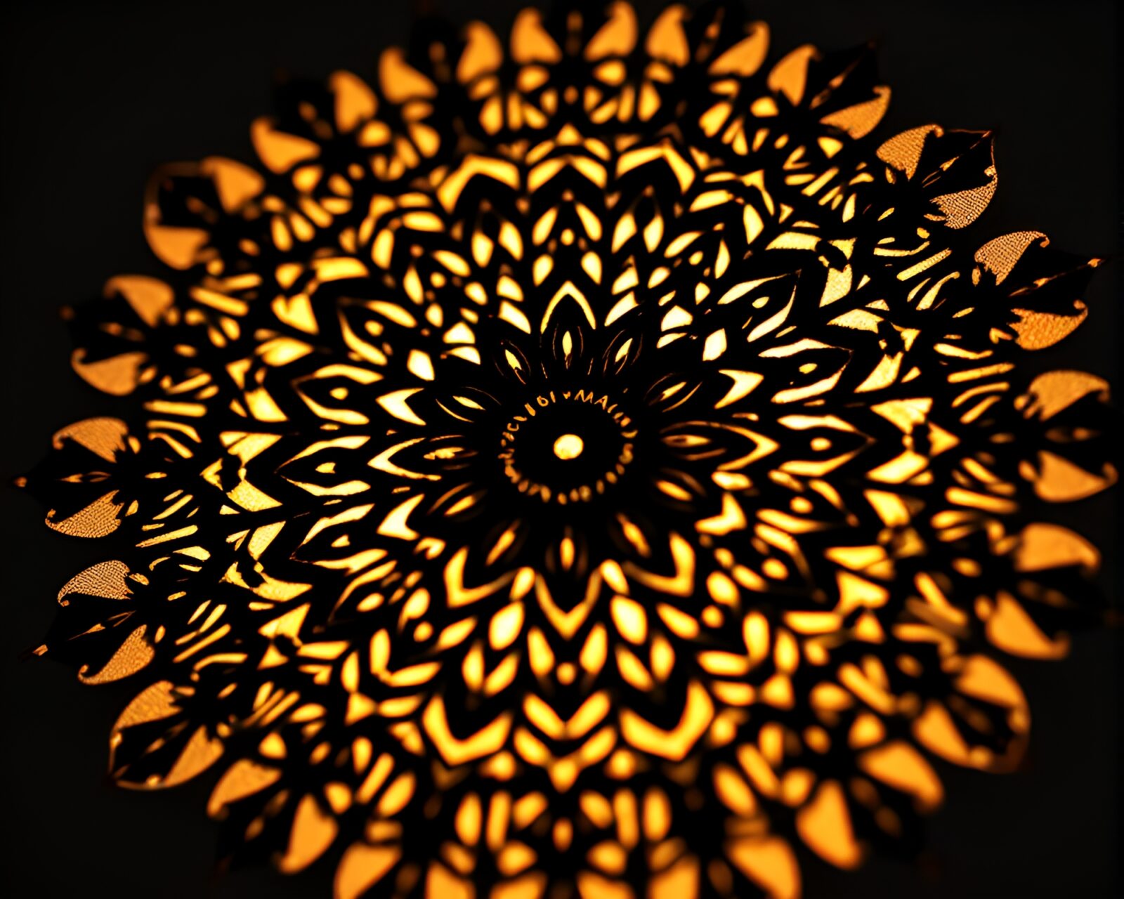 Backlit silhouette of intricate Mandala design with conté crayon