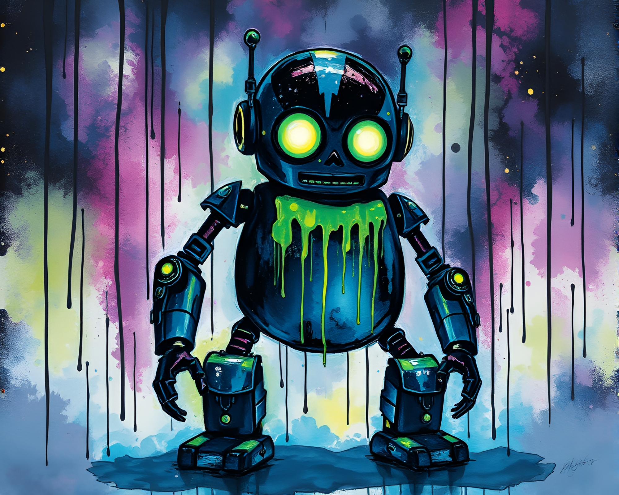 Bioluminescent Robot Ink Wash Drips Scene – free AI stock image