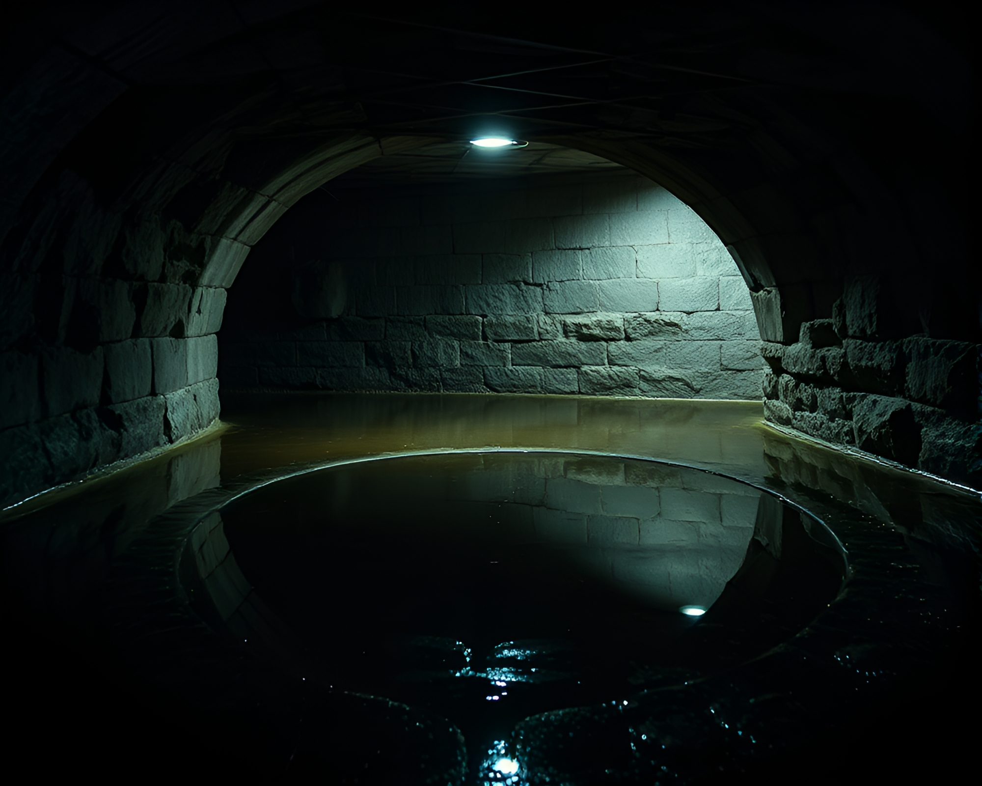 Holographic Stone Circle Reflection in Basement Puddle – free AI stock image