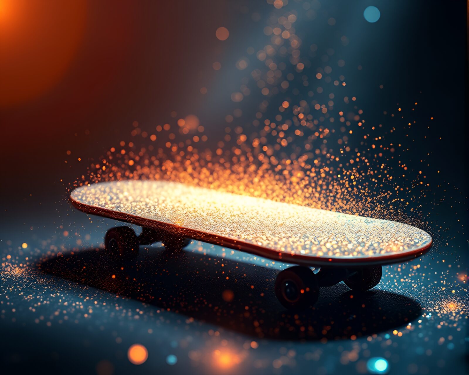 Vibrant digital painting of skateboarders in disco ball-lit urban setting