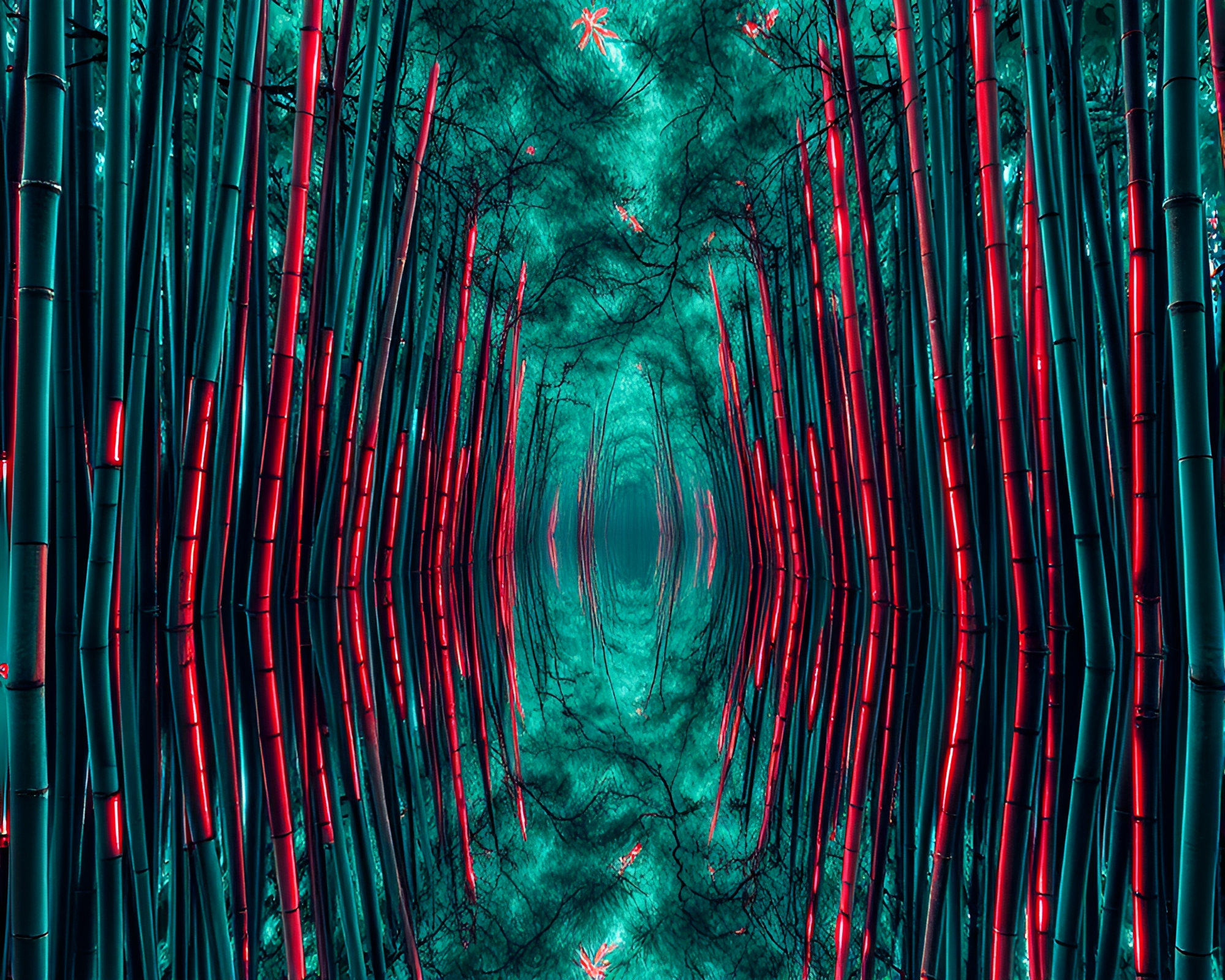 Neon Bamboo Grove Symmetry Blueprint – free AI stock image