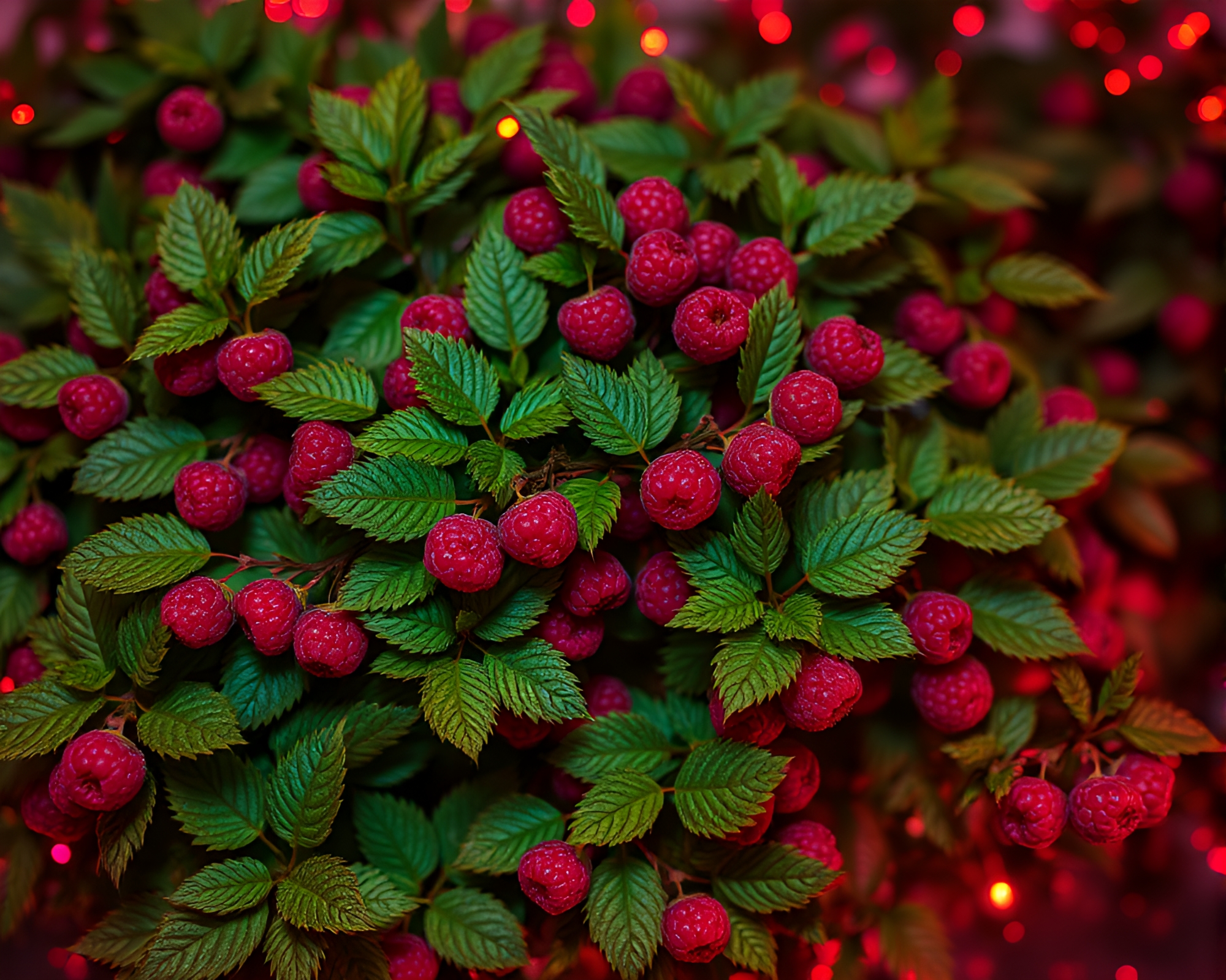 Fluorescent Raspberry Bush with Holographic Checkered Pattern – free AI stock image