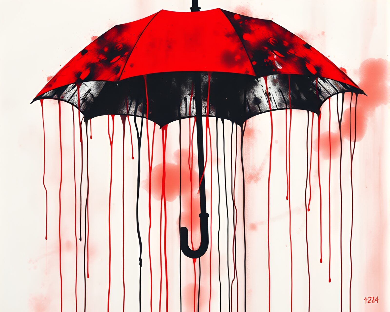 Generative adversarial network art of a red umbrella in ink wash drips