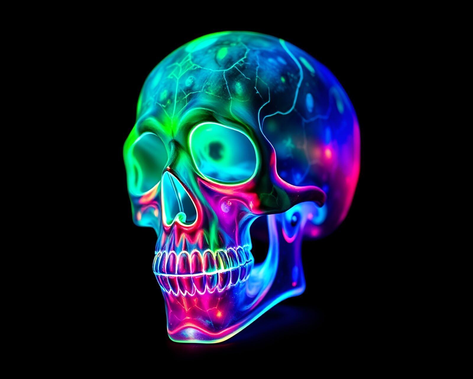 Glowing crystal skull emerging from dense fog with light trails