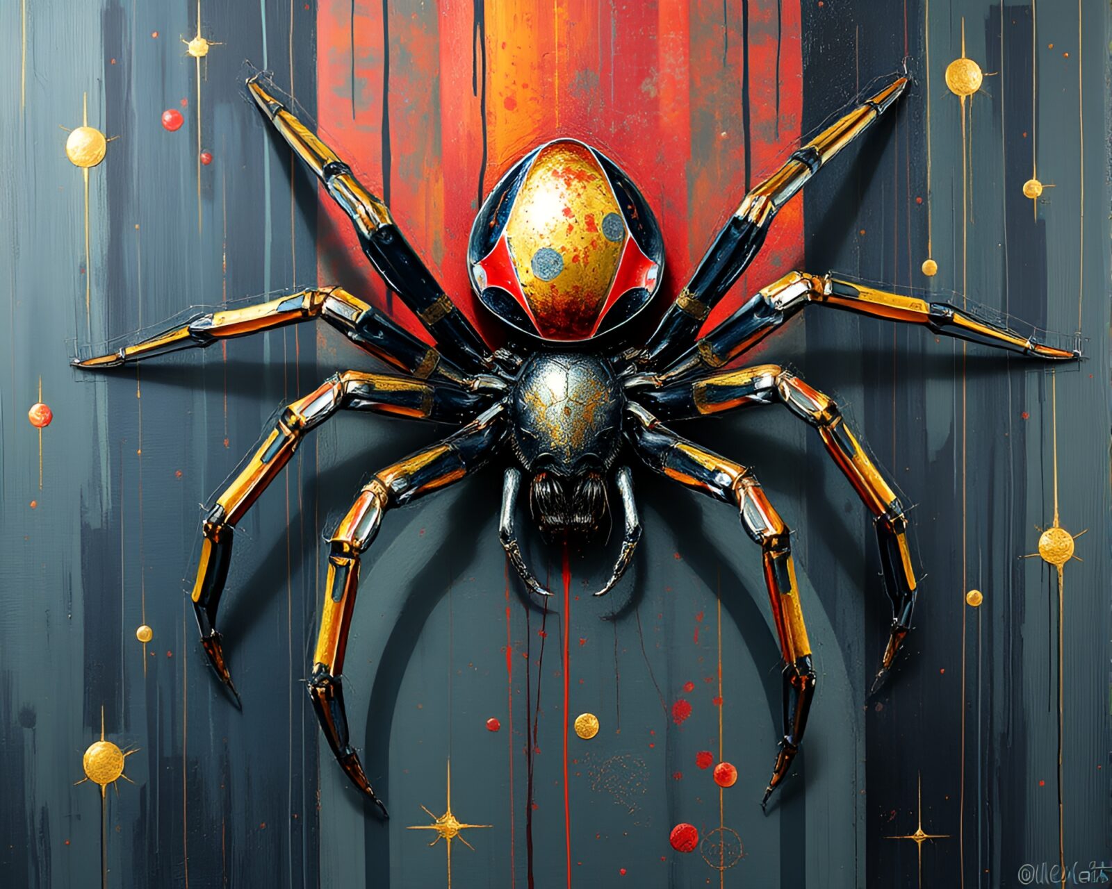 Intricate foil-stamped spider art with vibrant cross-processed hues