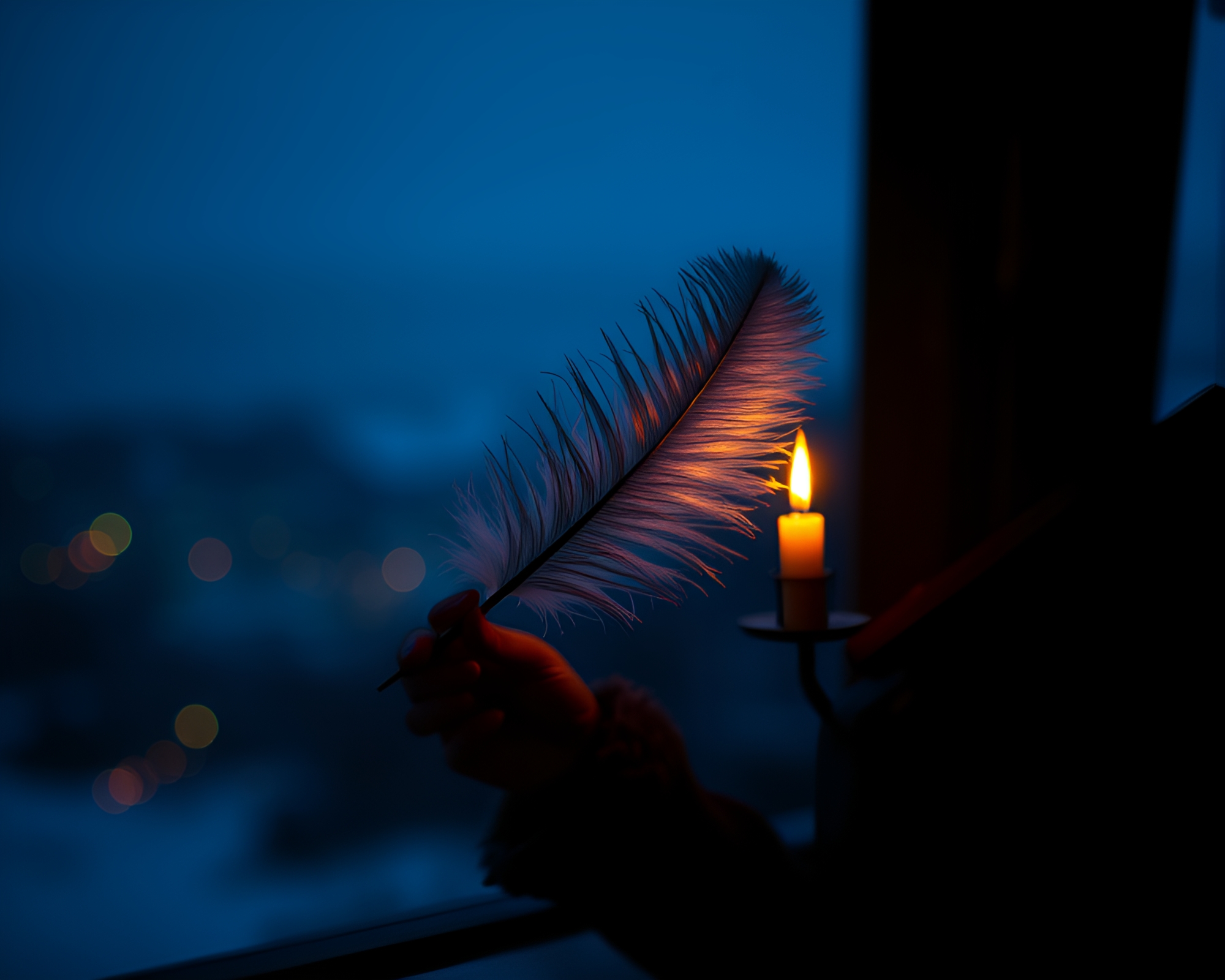 Enchanting Time Traveler Dusting Feathers in Candlelight – free AI stock image