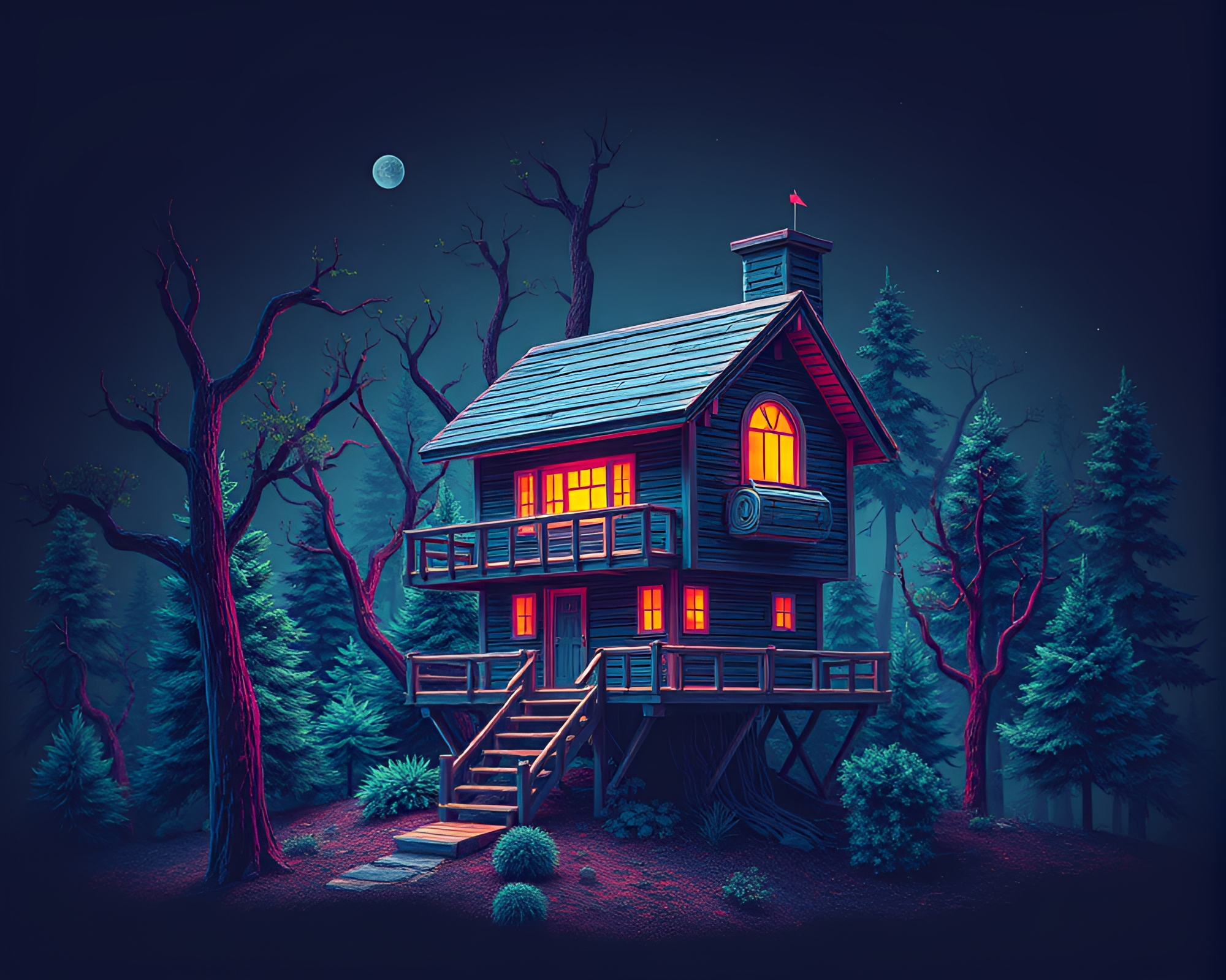 Low-Poly Treehouse: Glitched Ethereal Etching – free AI stock image