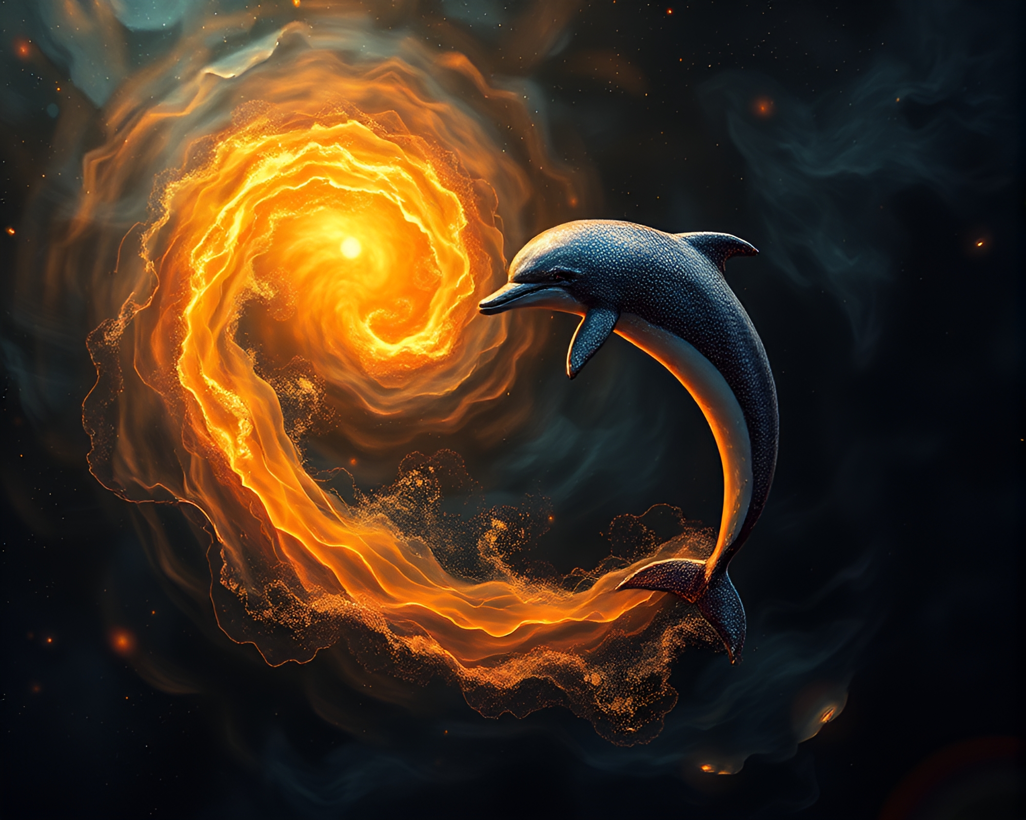 Golden Spiral Embraced by Dramatic Amazon River Dolphin – free AI stock image