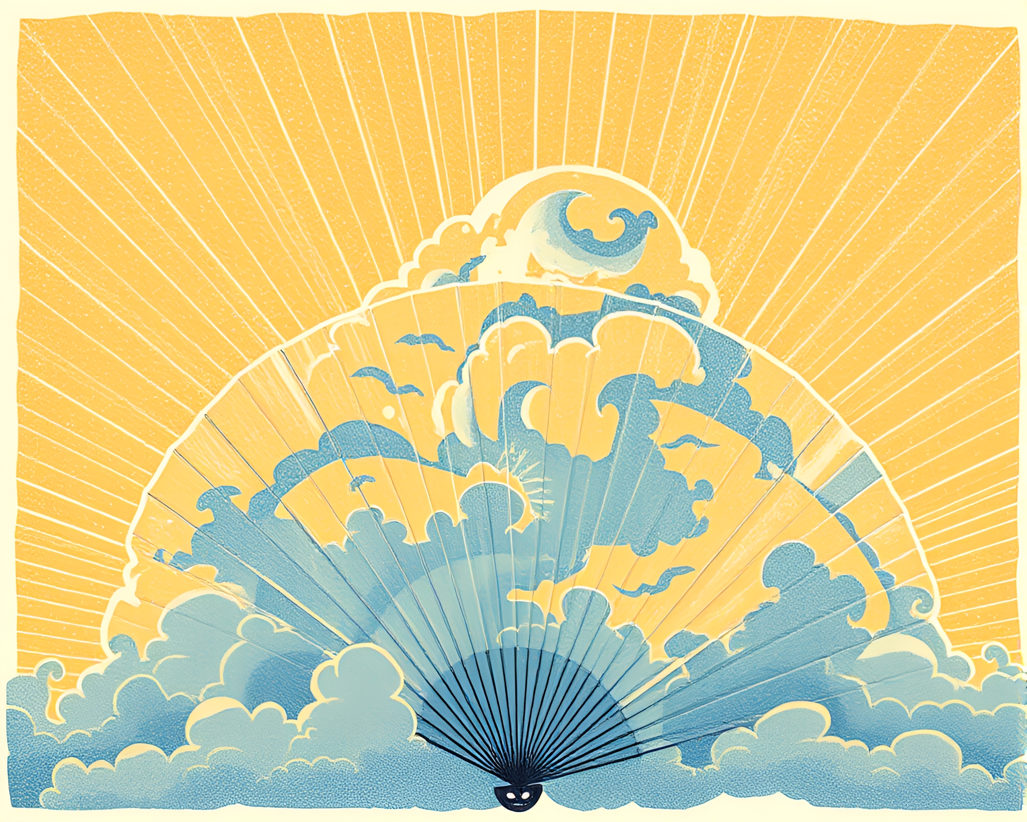 Morning golden light illuminates hand-painted fan linocut print – free AI stock image