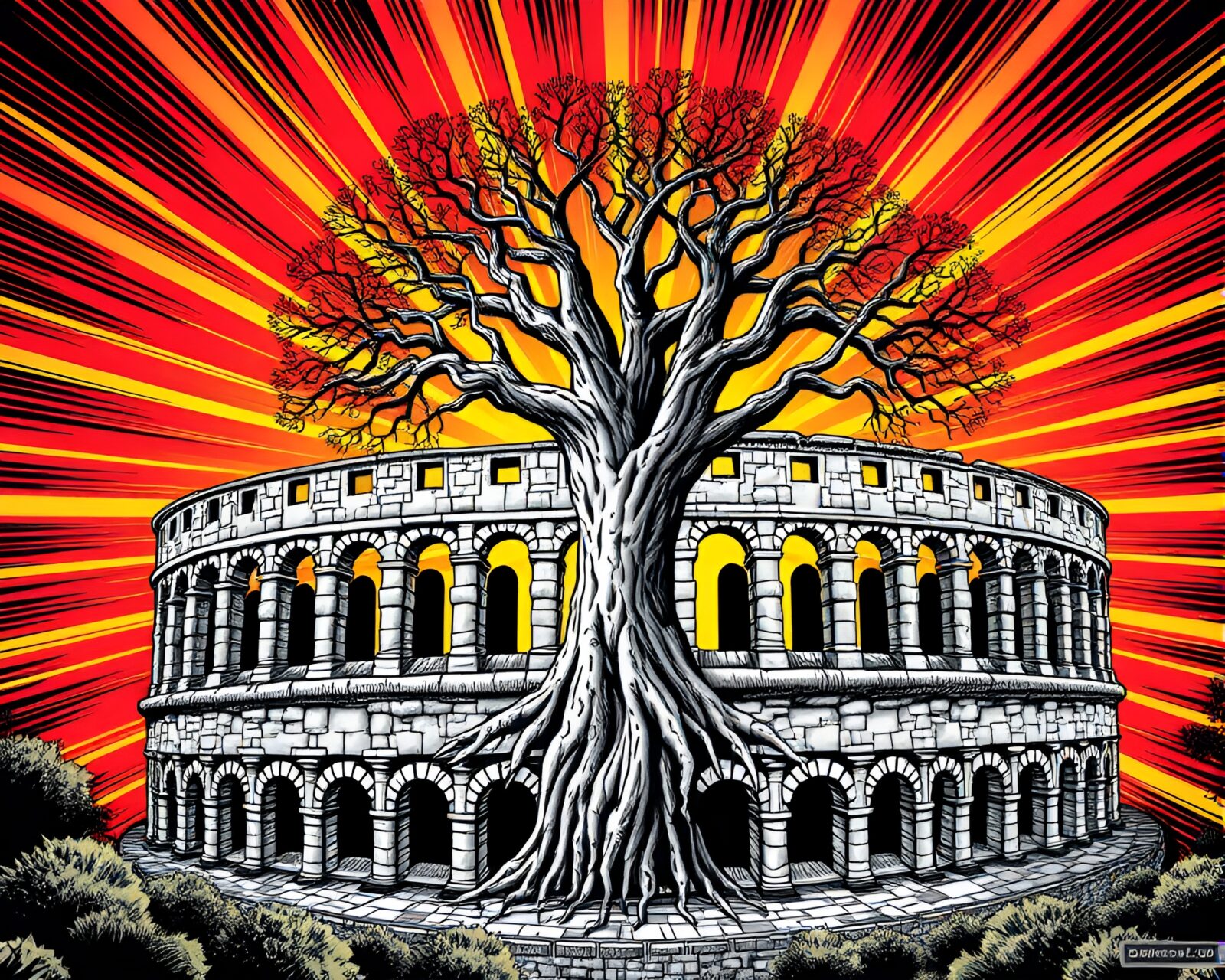 Vibrant comic-style image of Roman coliseum with tree ring pattern