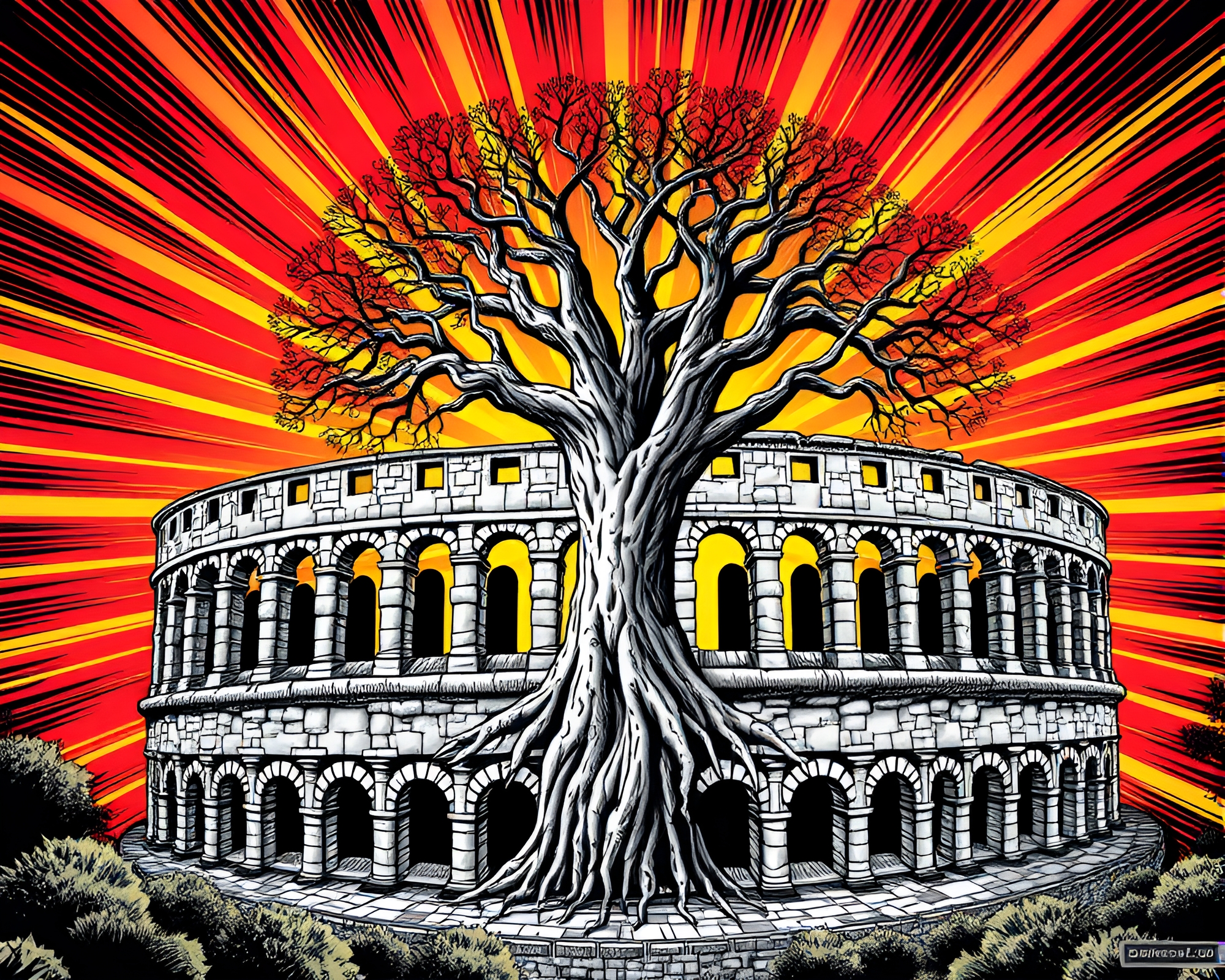 Mesmerizing Tree Ring Coliseum in Comic Starburst – free AI stock image