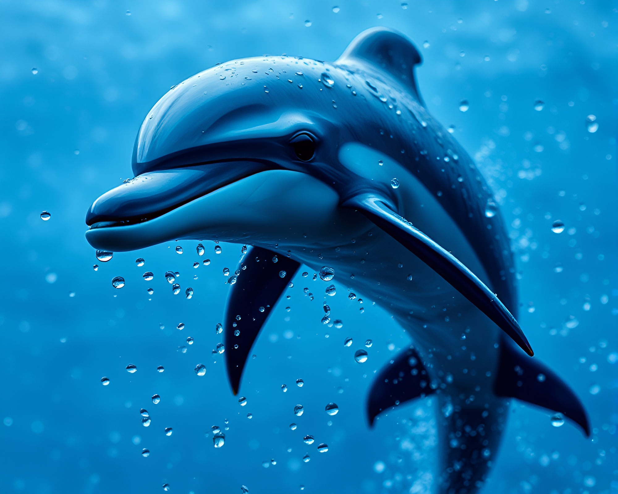Dolphin in Rain Droplets: Cobalt Blue Serenity – free AI stock image