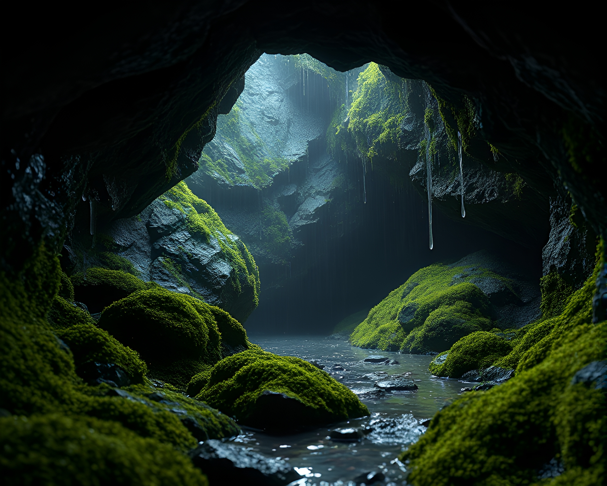 Moss-Covered Rock at Cave Entrance with Wet Glass Beads – free AI stock image