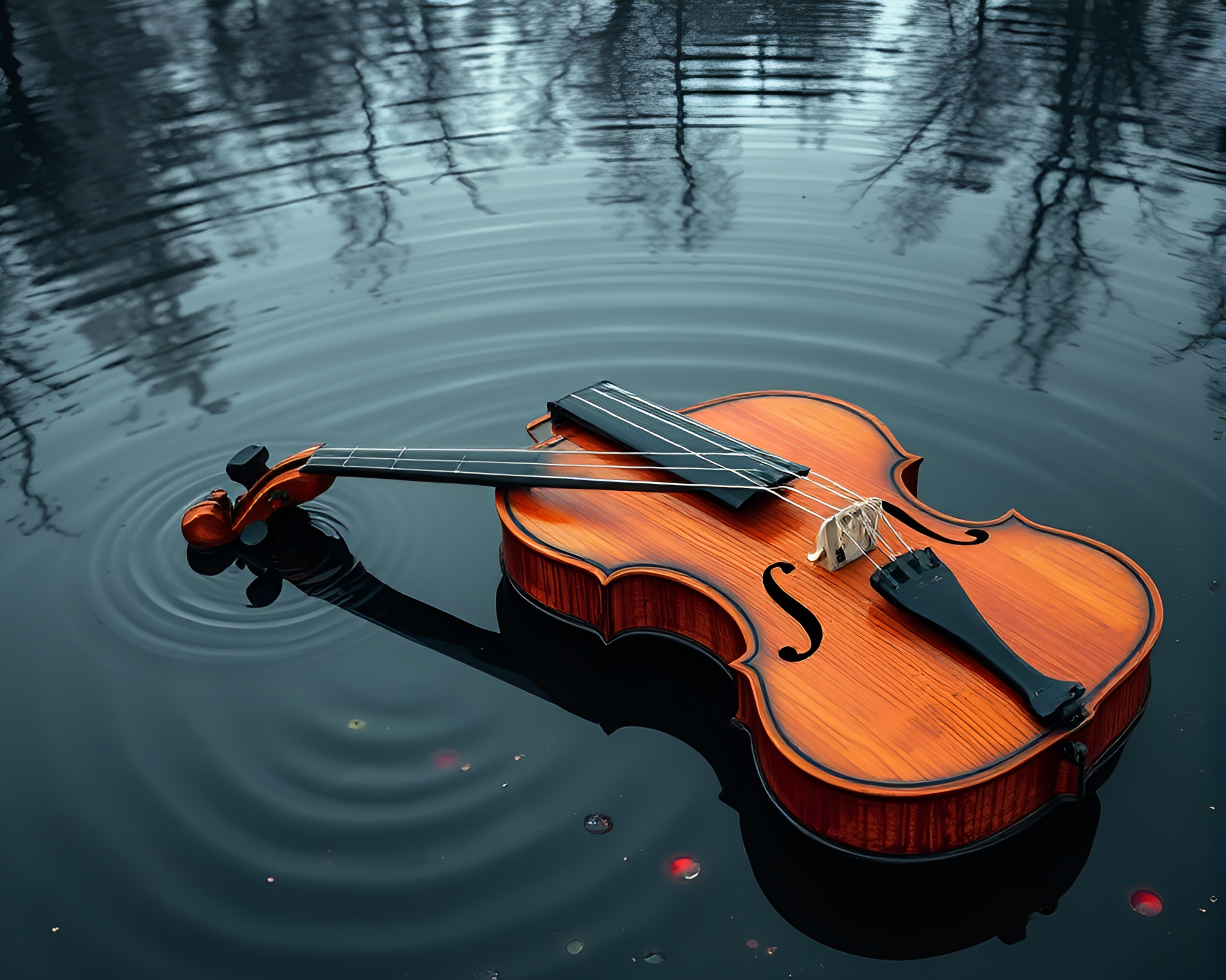 Ripple Reflections: Wooden Violin with Paint Splatter Palette – free AI stock image