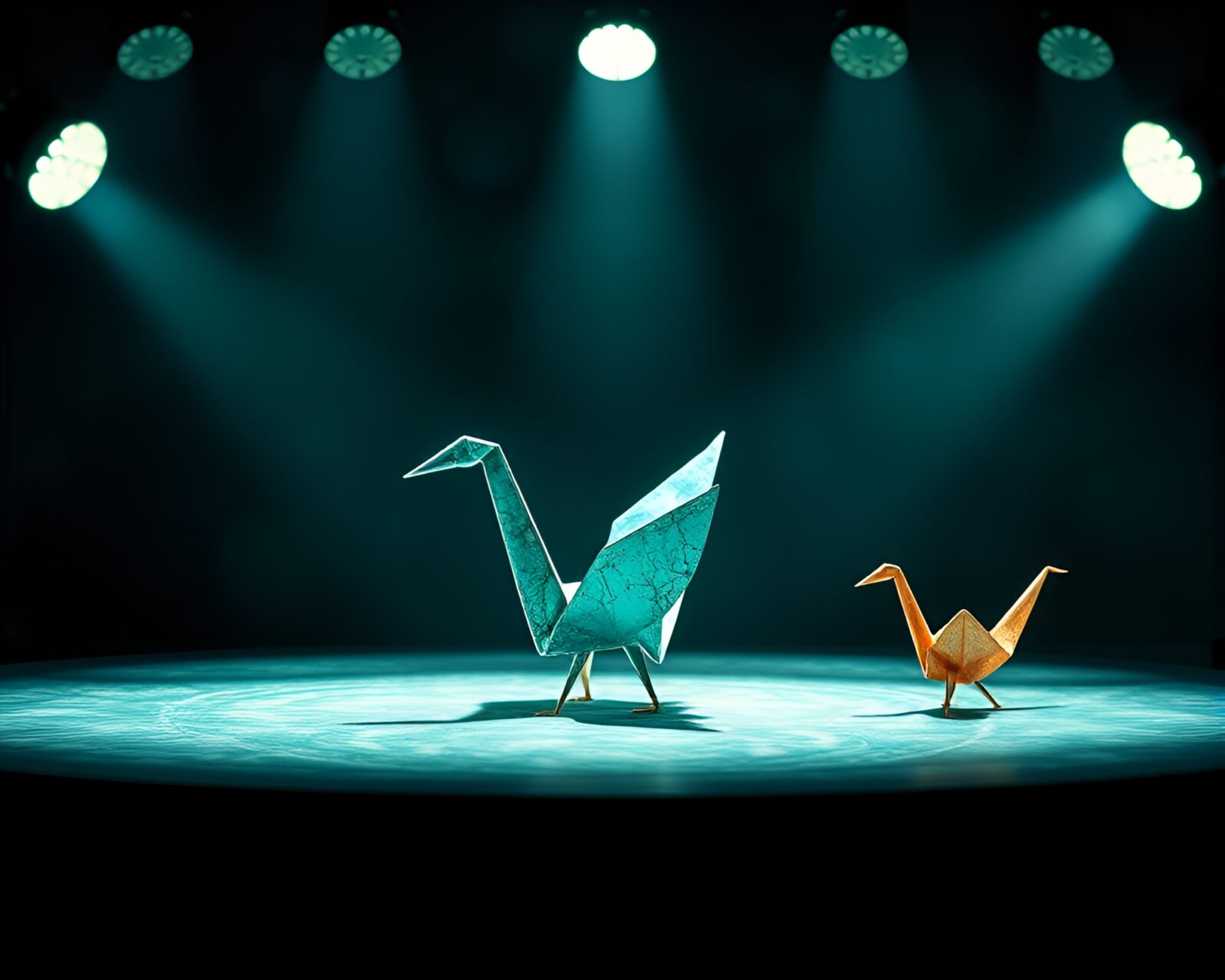 Vibrant verdigris copper spotlight on intricate origami crane