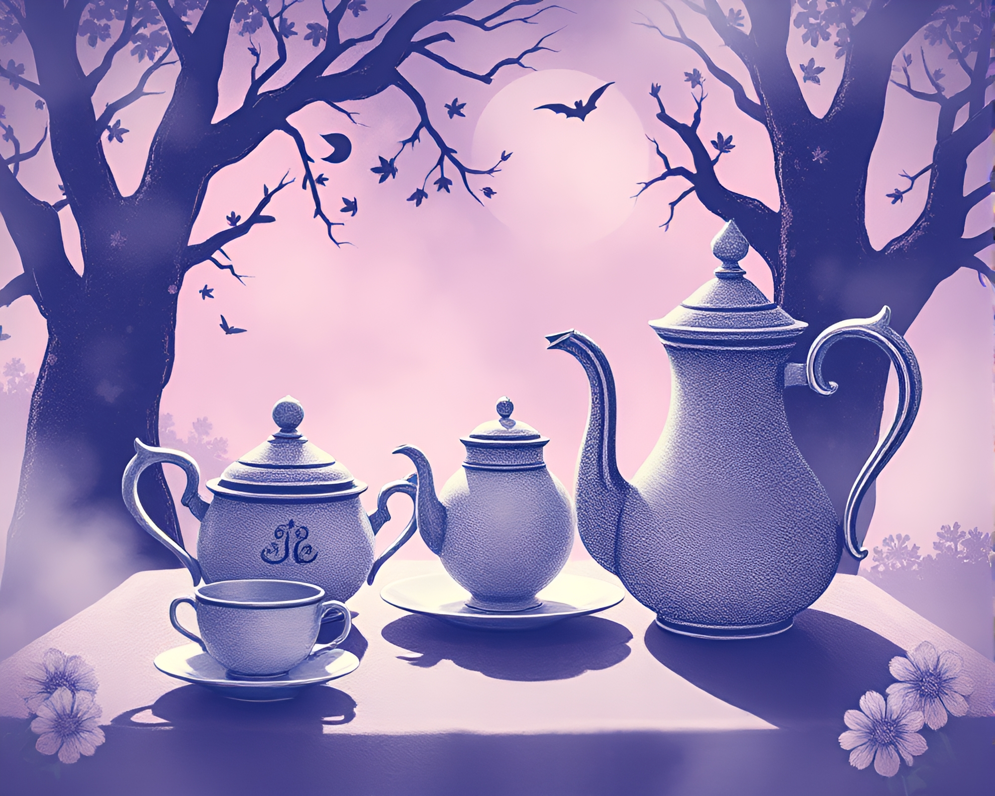 Vector Halftone Alice in Wonderland Tea Set Drawing – free AI stock image