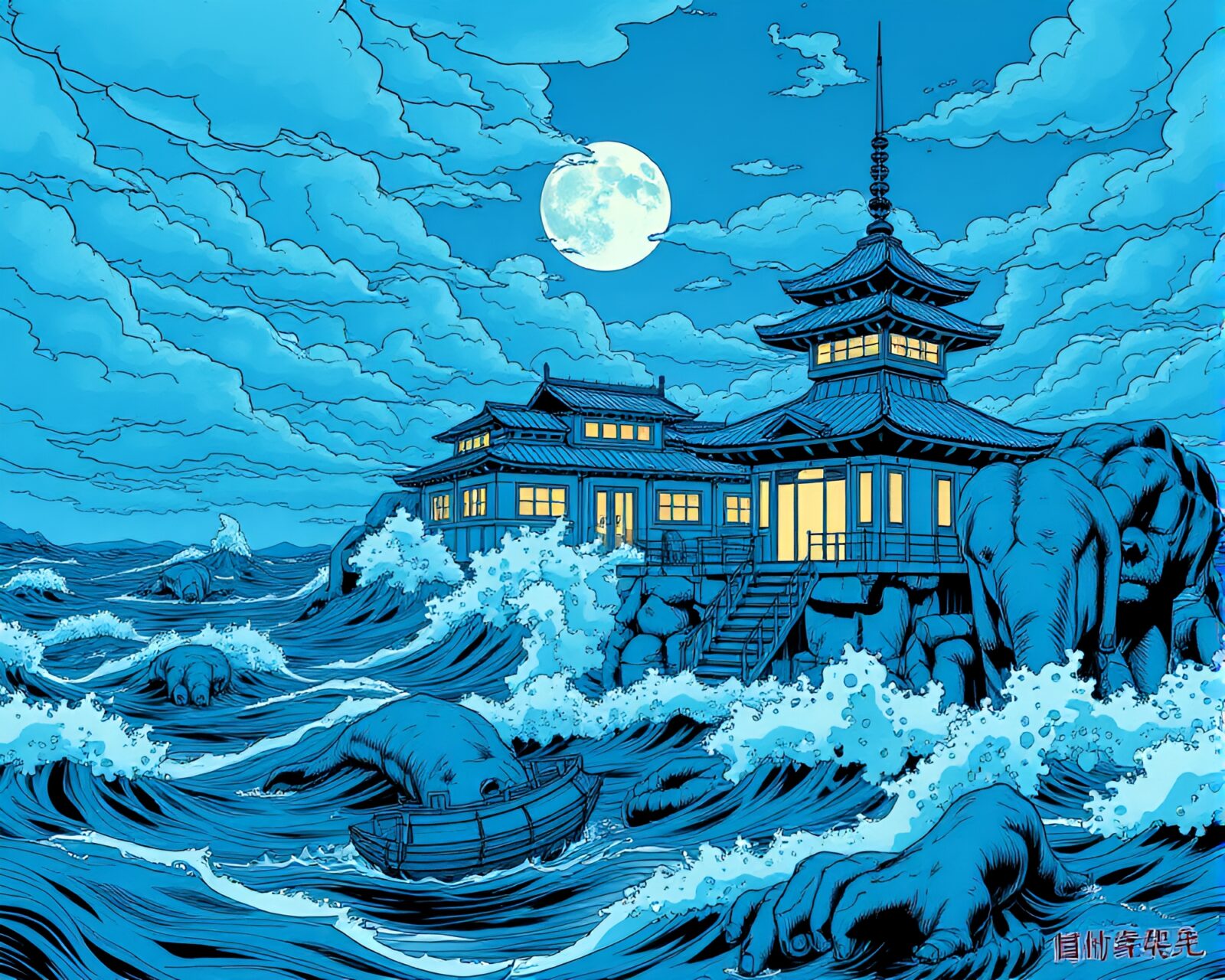 An immersive manga artwork with ocean-blue palette and motion capture