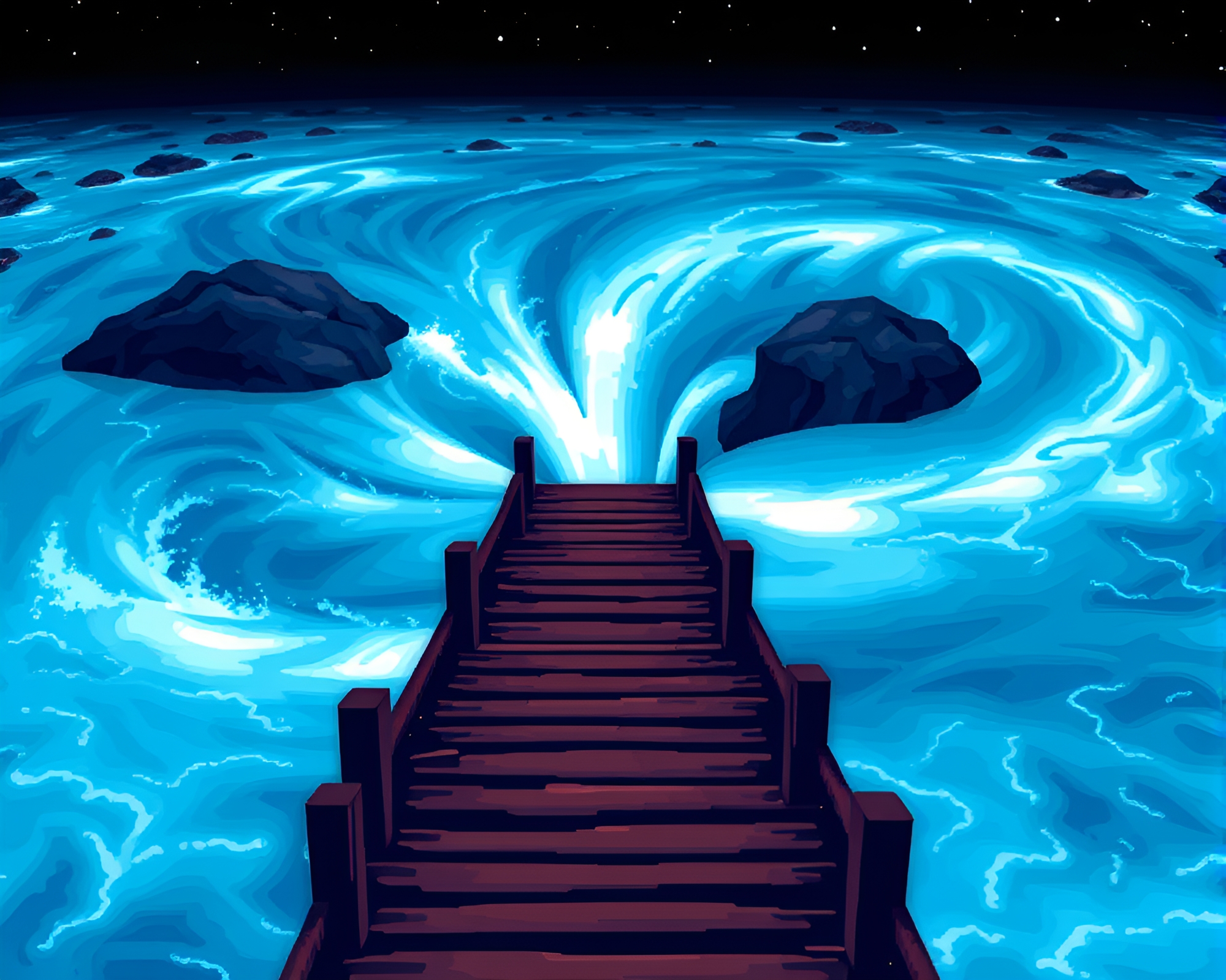 Enchanting Wooden Bridge over Phosphorescent Water Whirlpool – free AI stock image