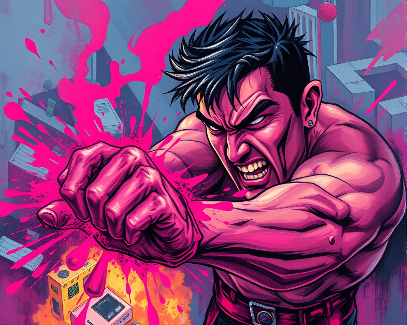 High-angle oil painting of a graphic novel city in magenta.