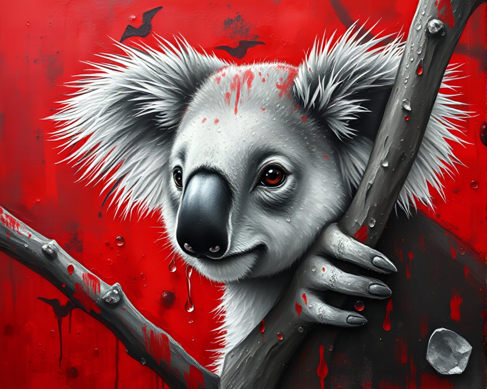 Impressionist painting of a koala with dew drops in red hues