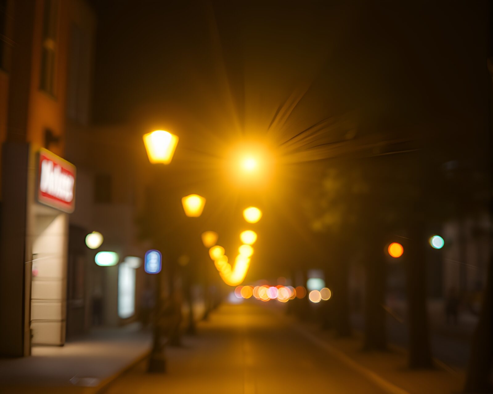 City scene with dimensional portal distortion under streetlamp glow
