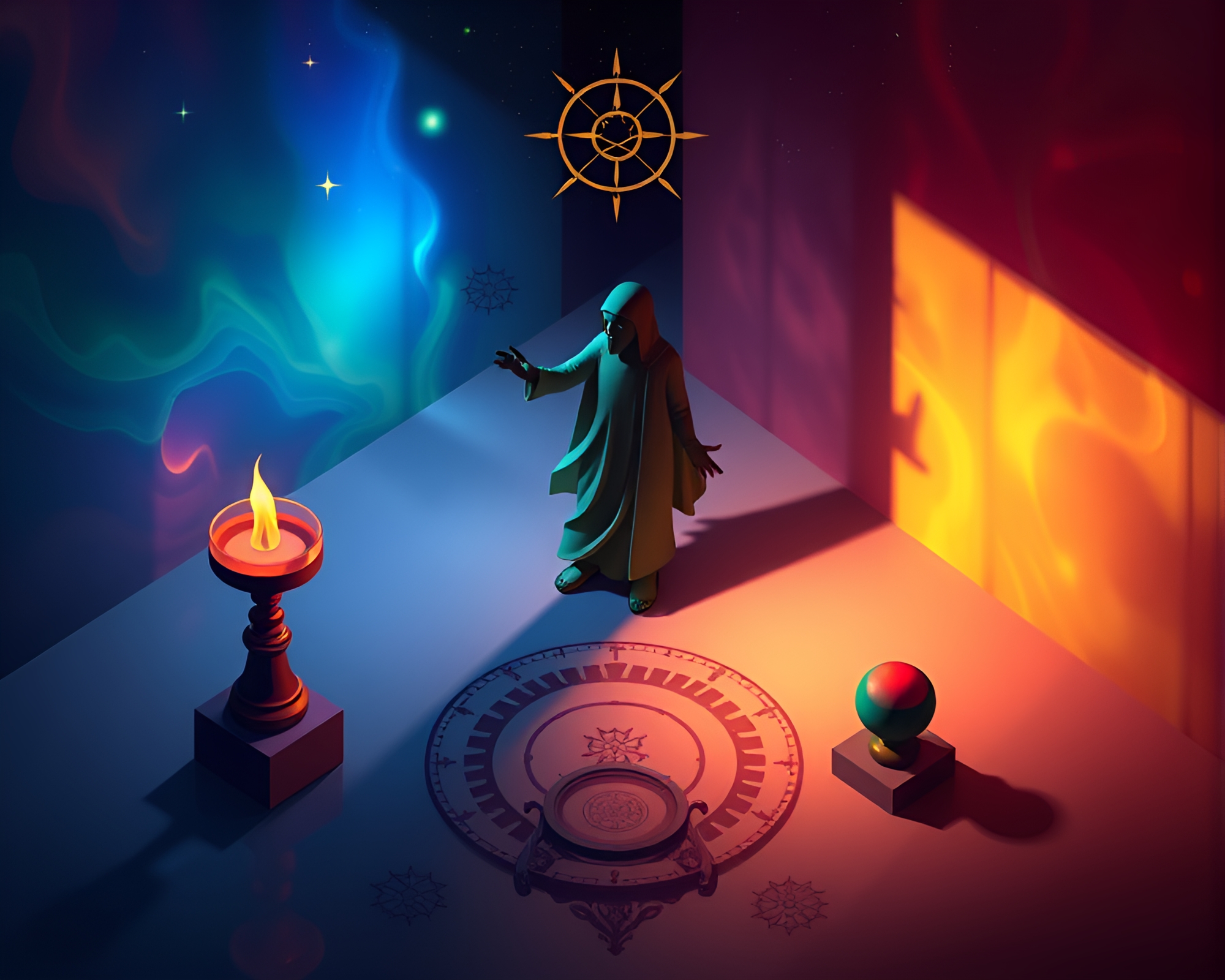 Alchemical Symbols Shadow Play in Isometric Aurora Hues – free AI stock image