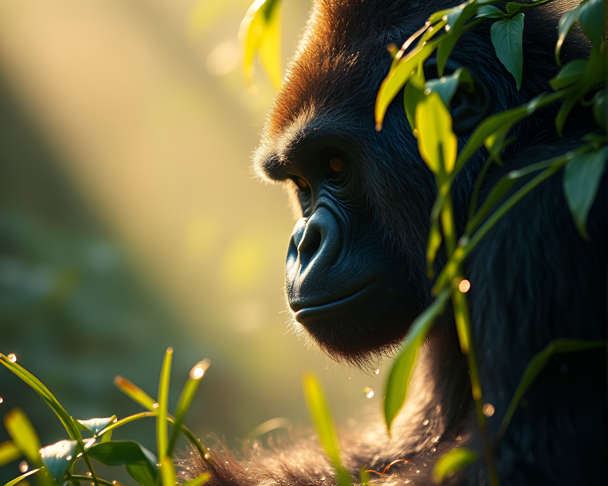 Gorilla in Dewy Forest: Cinemagraphic Serenity – free AI stock image