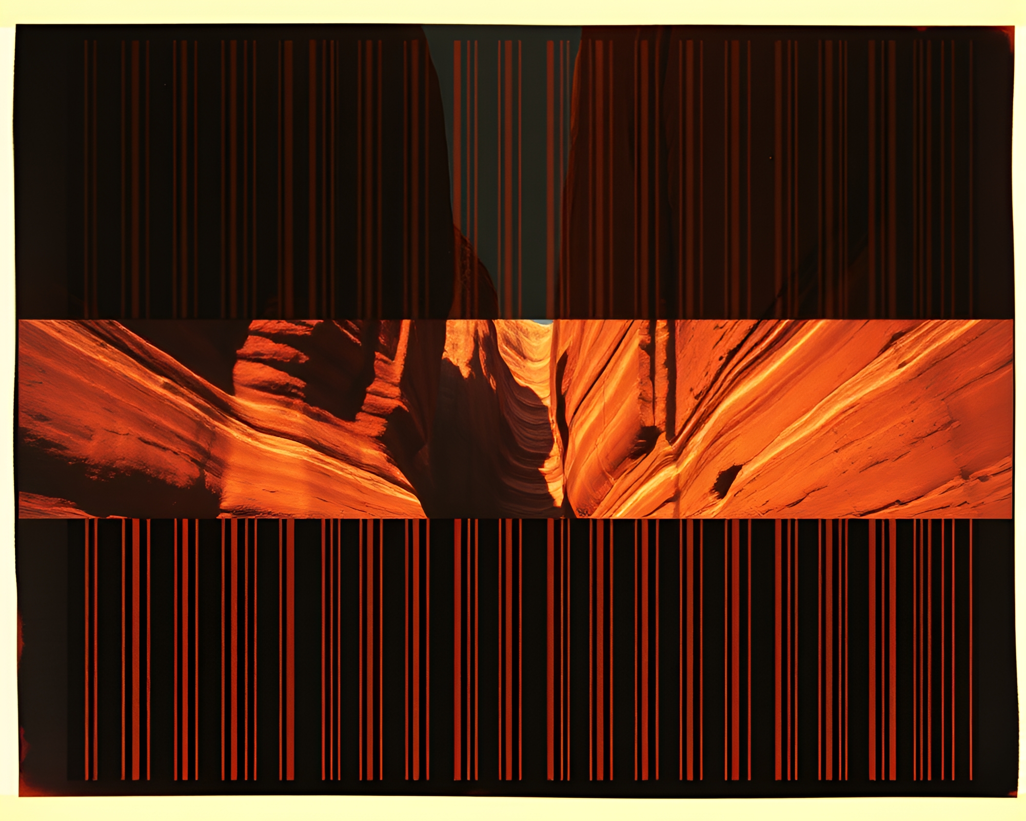 Barcode Stripe on Brutalist Canyon with Film Strip Border – free AI stock image