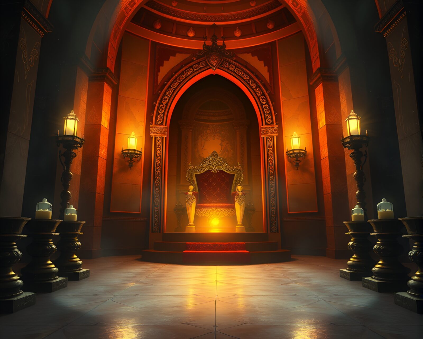 Illustration of a grand fantasy throne room illuminated by an oil lantern