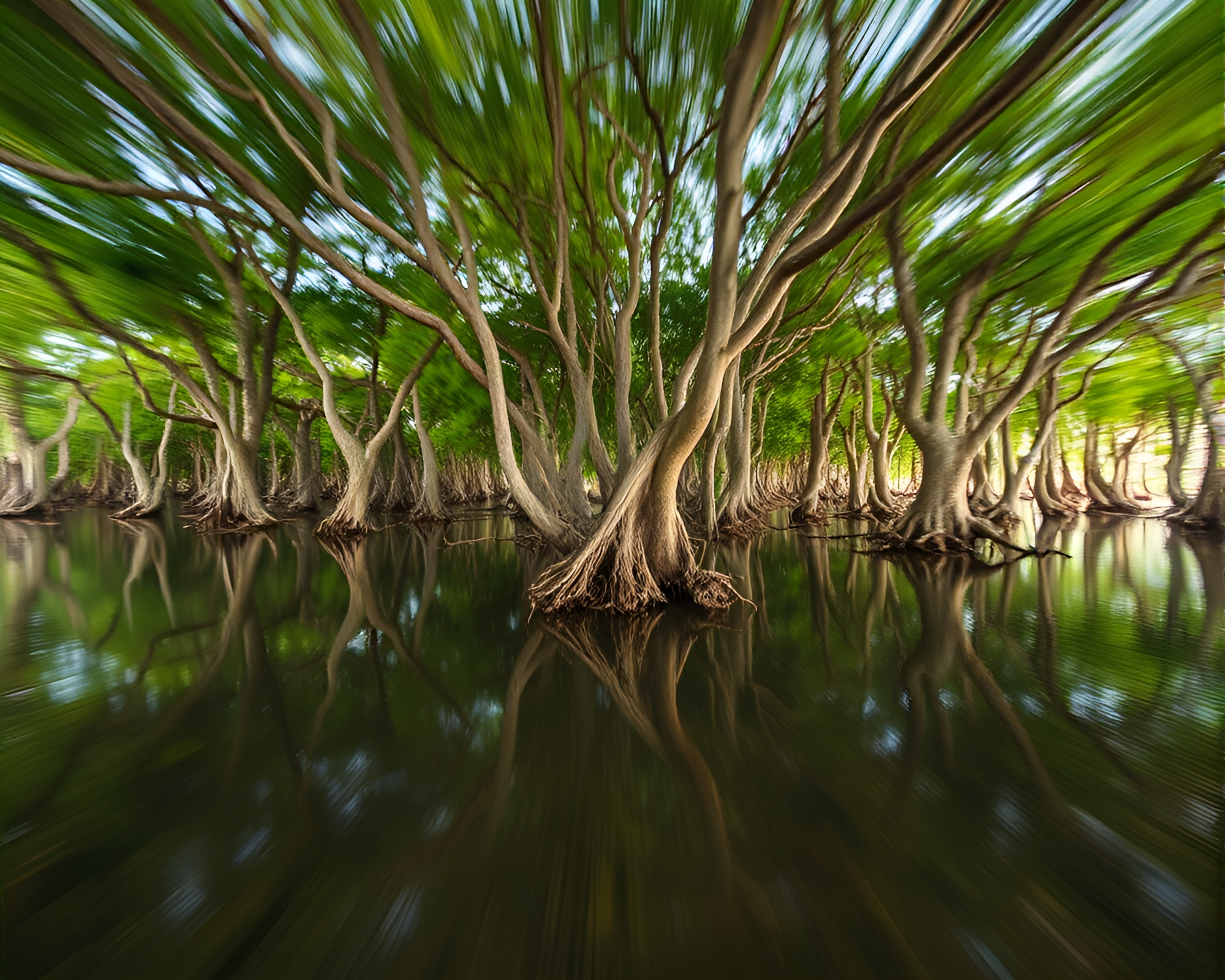 Kaleidoscope Effect in Slow Shutter Swamp Motion Capture – free AI stock image