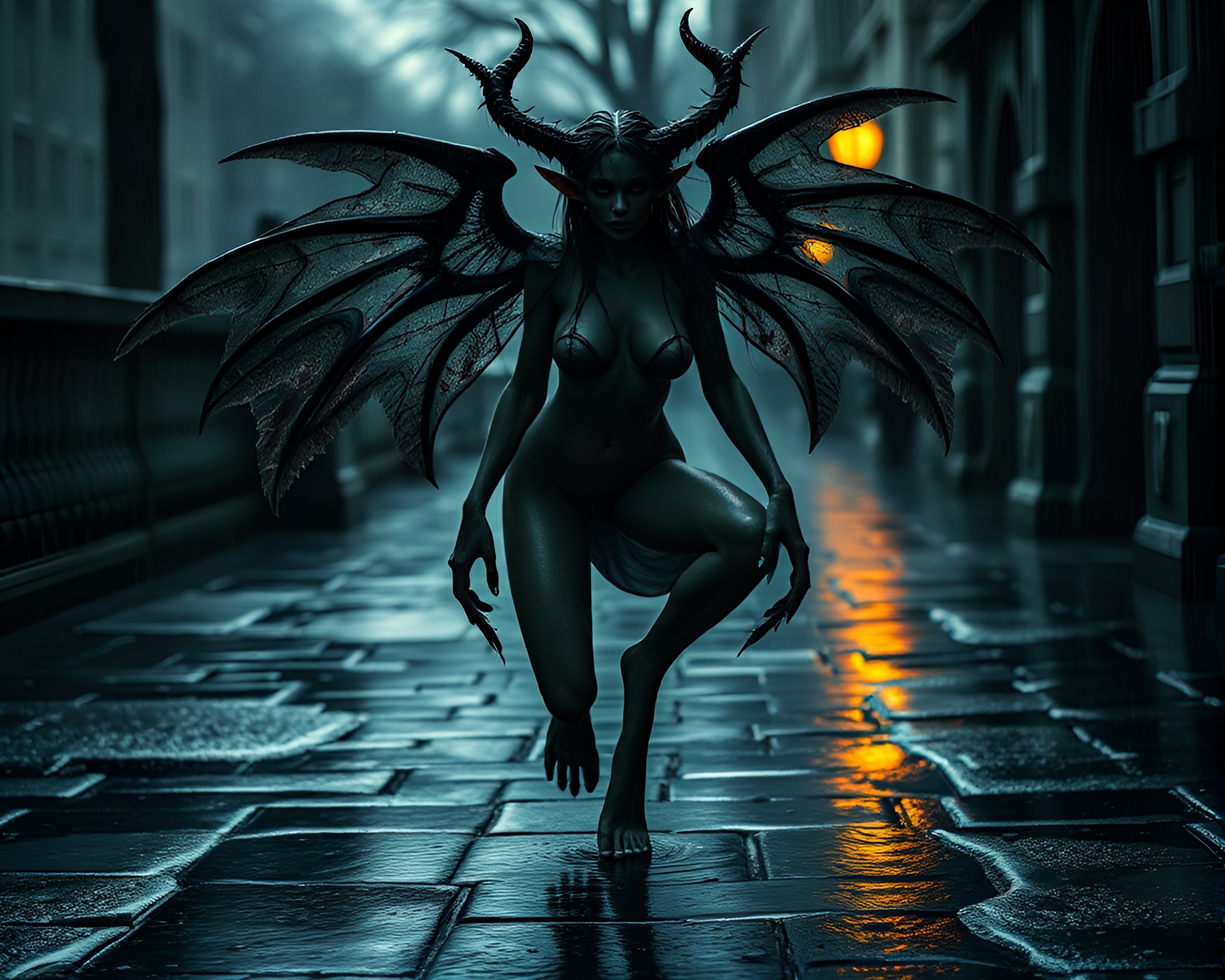 Necromantic Nymph on Wet Pavement in Hyper-Realistic Style – free AI stock image