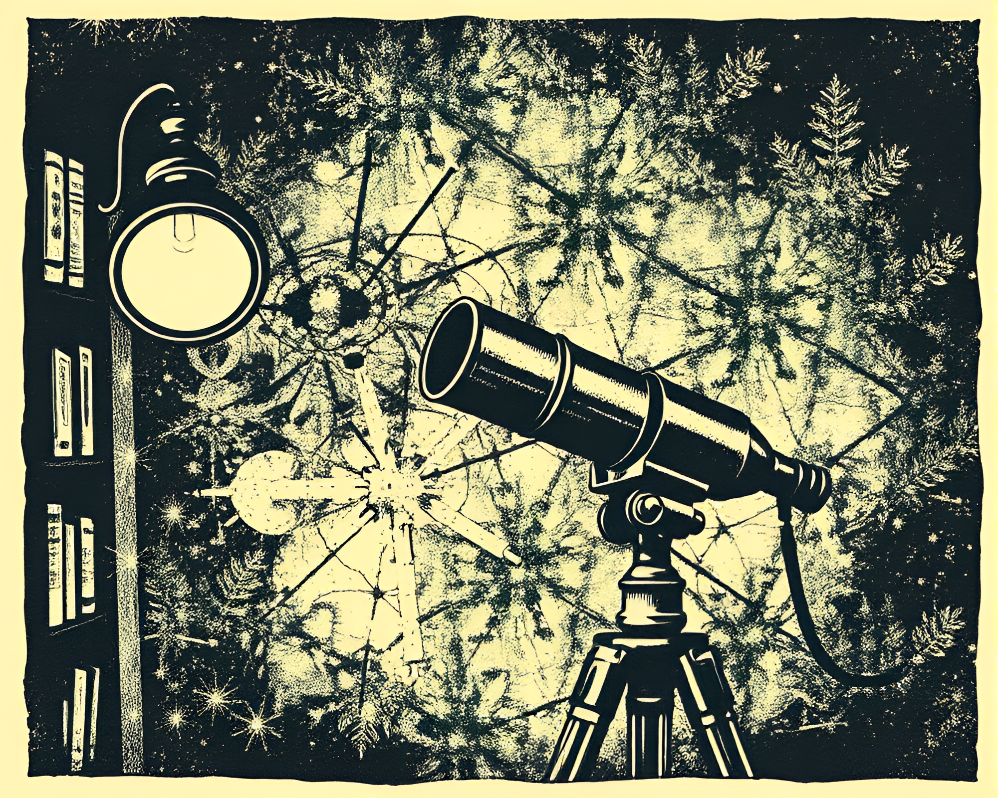 Vintage Telescope in Library Lamp Light Fractal Art – free AI stock image