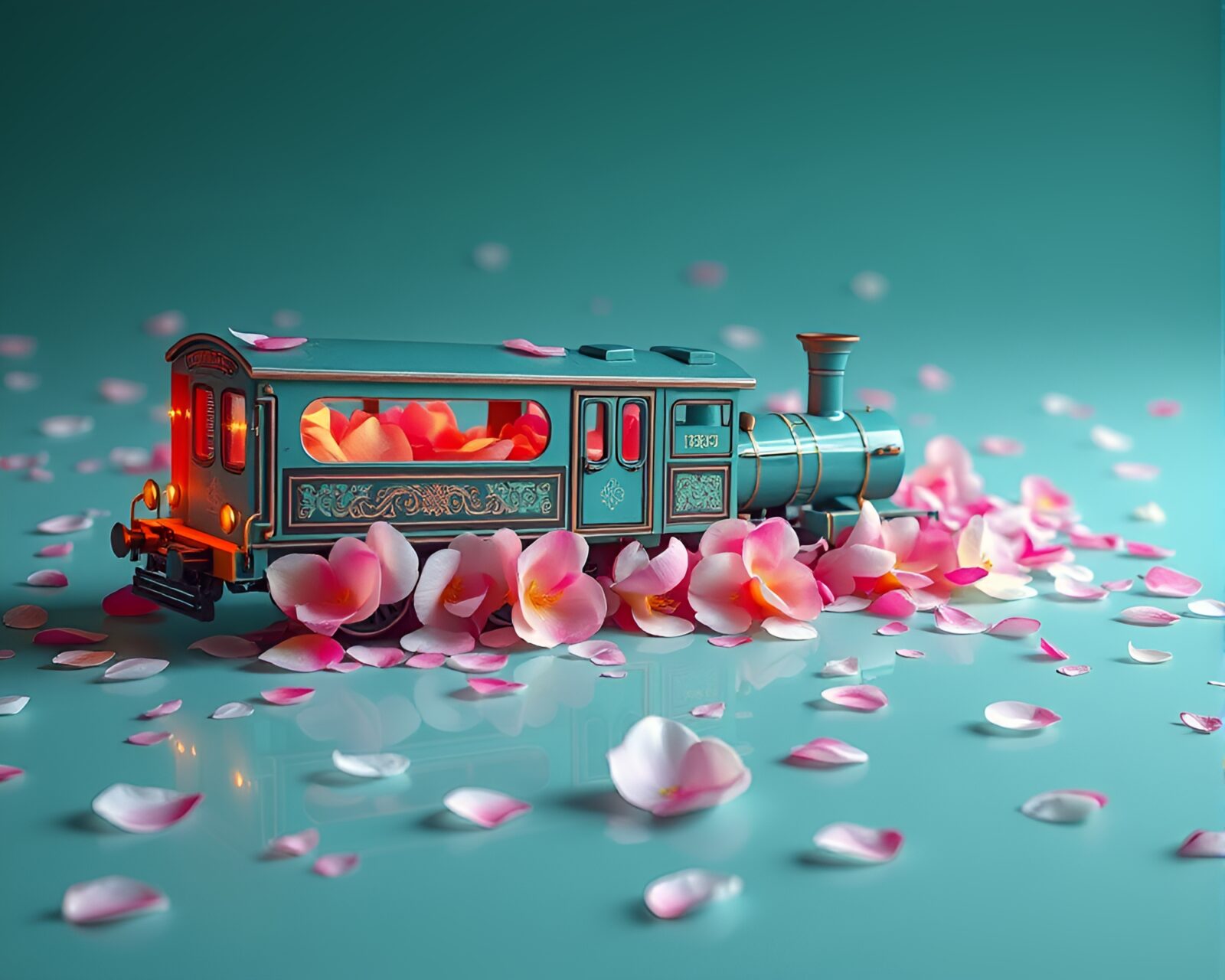 High dynamic range image of magnetic train on teal flower petals