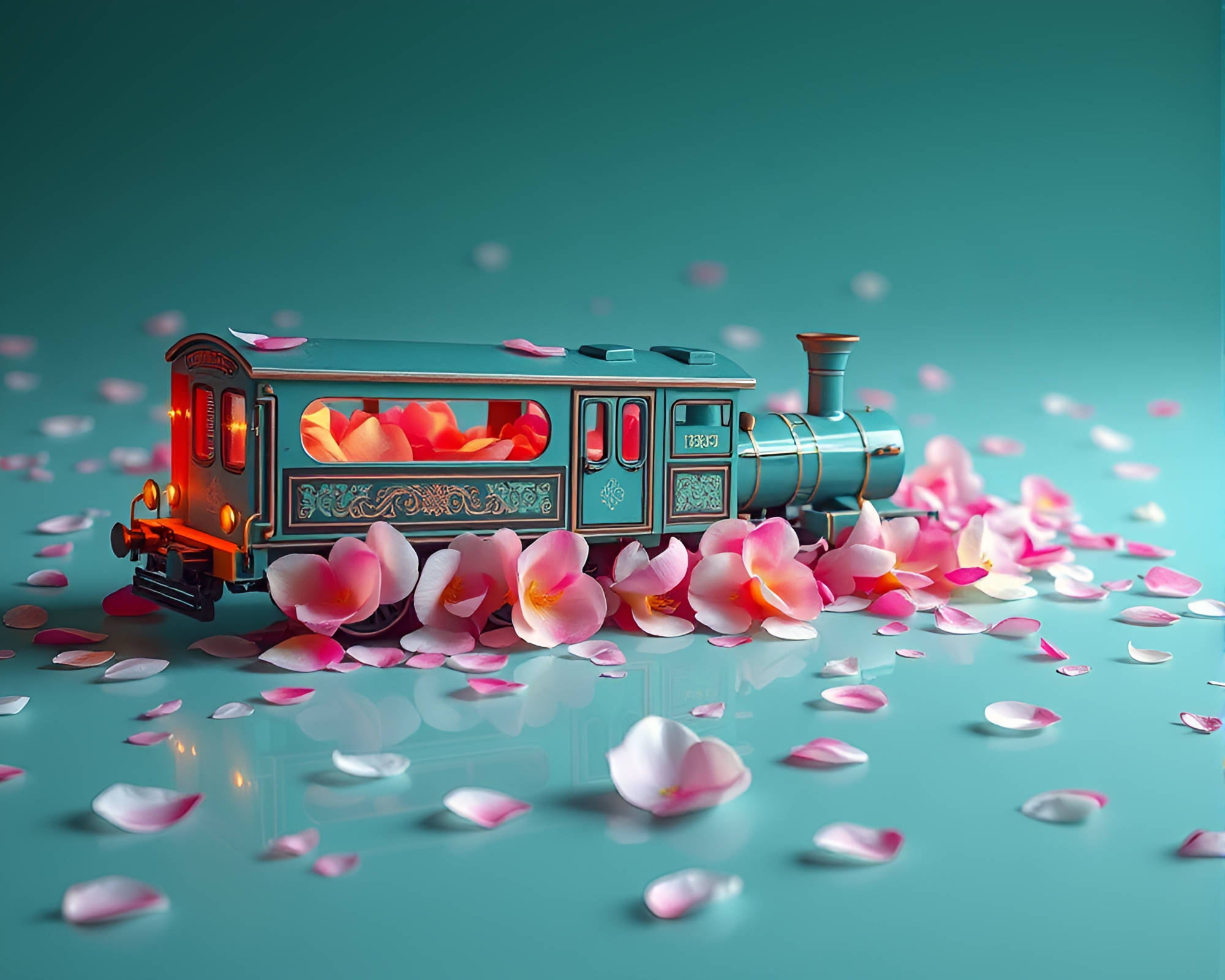 Teal Serenity: Levitating Magnetic Train Through Petal Compositions – free AI stock image