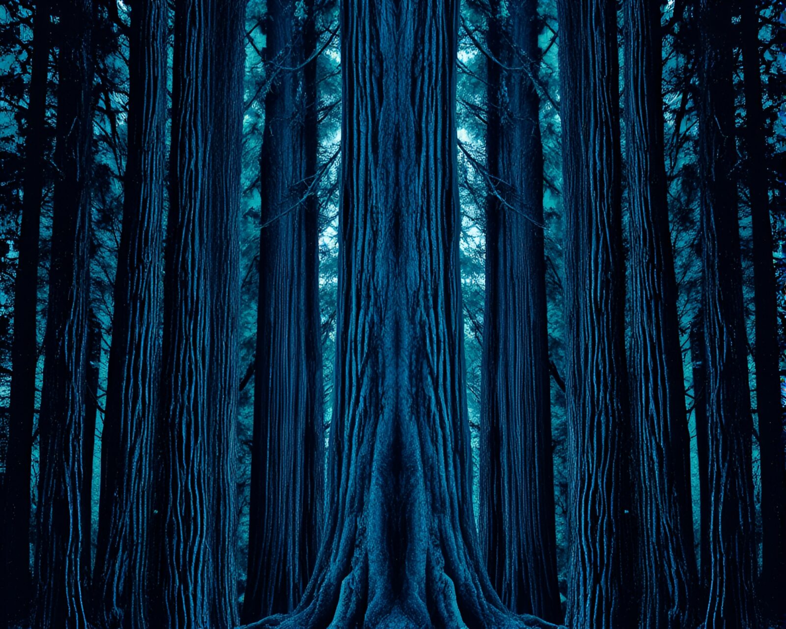 Majestic redwood tree under steel-blue stipple shading