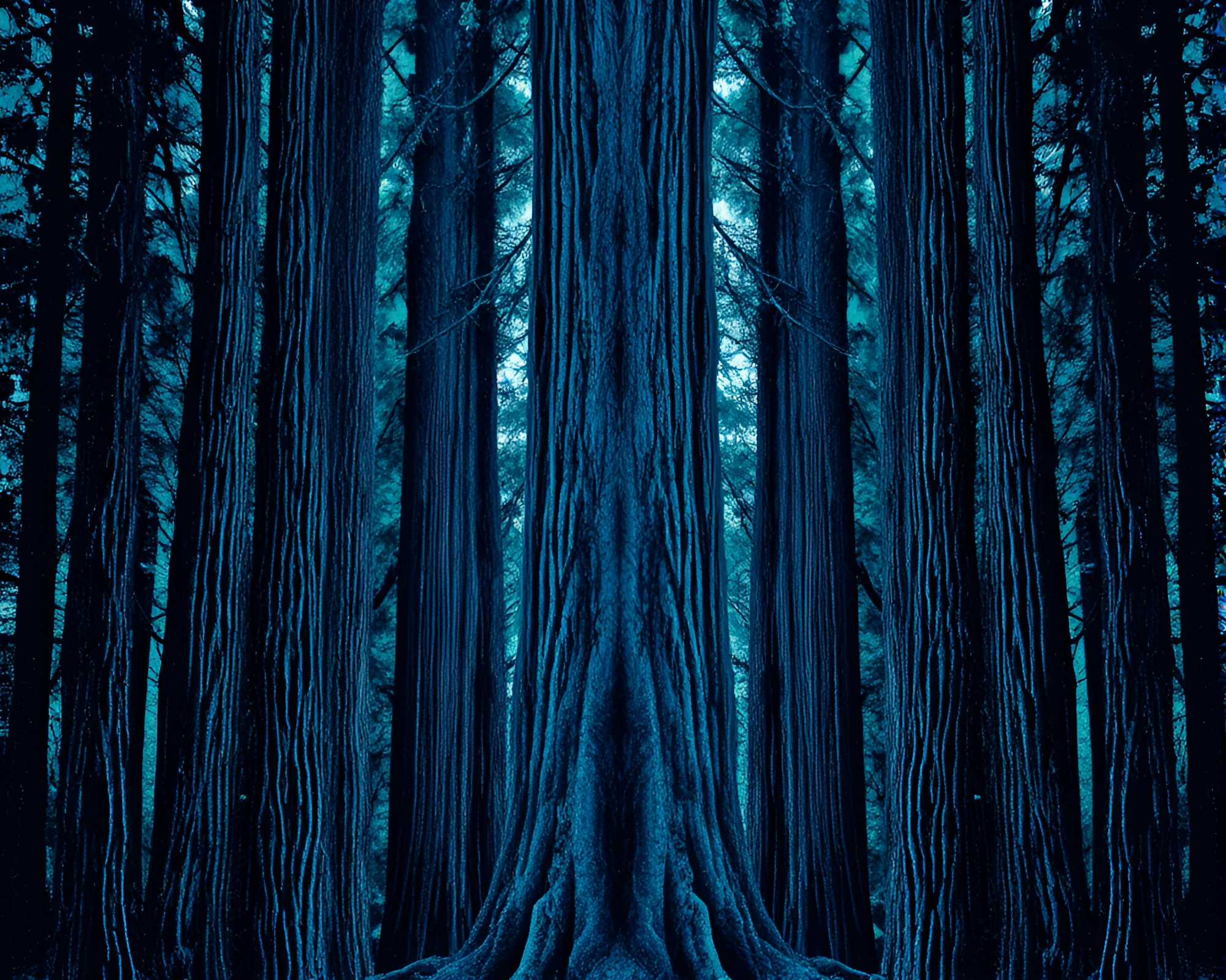 Symmetrical Redwood Forest: Ethereal Blue Stippled Vision – free AI stock image