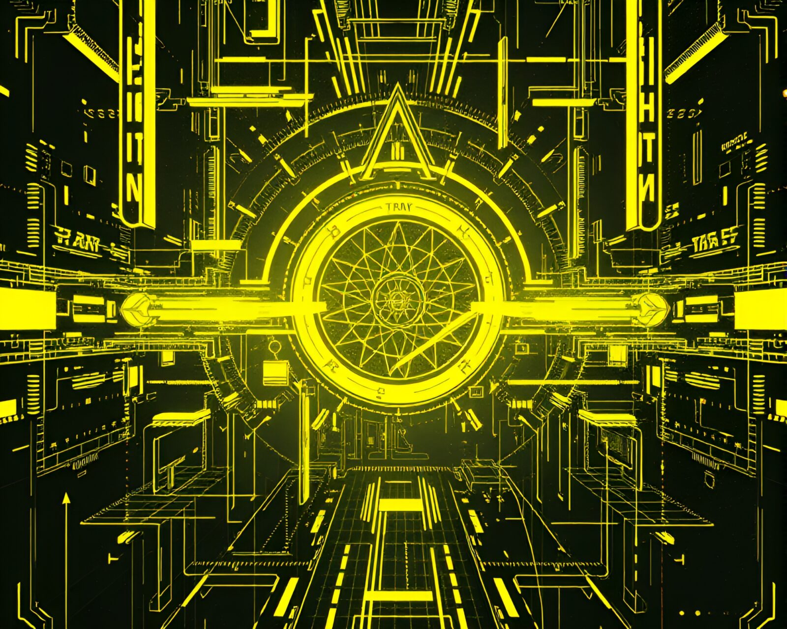 Monochrome yellow HUD overlay on a Gothic horror setting with foil stamping