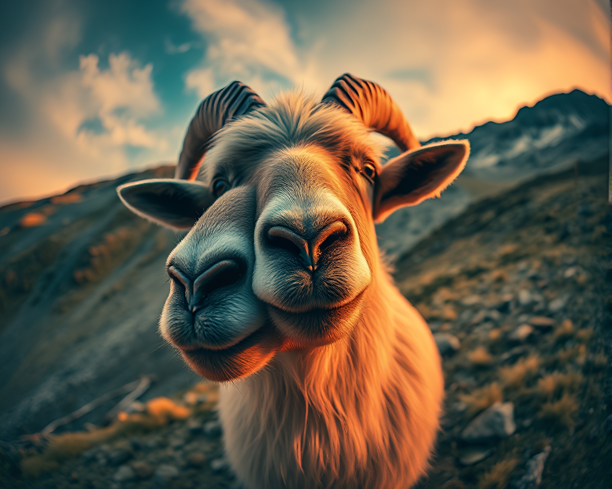 Mountain Goat Fisheye Simulation in Infrared Landscape – free AI stock image